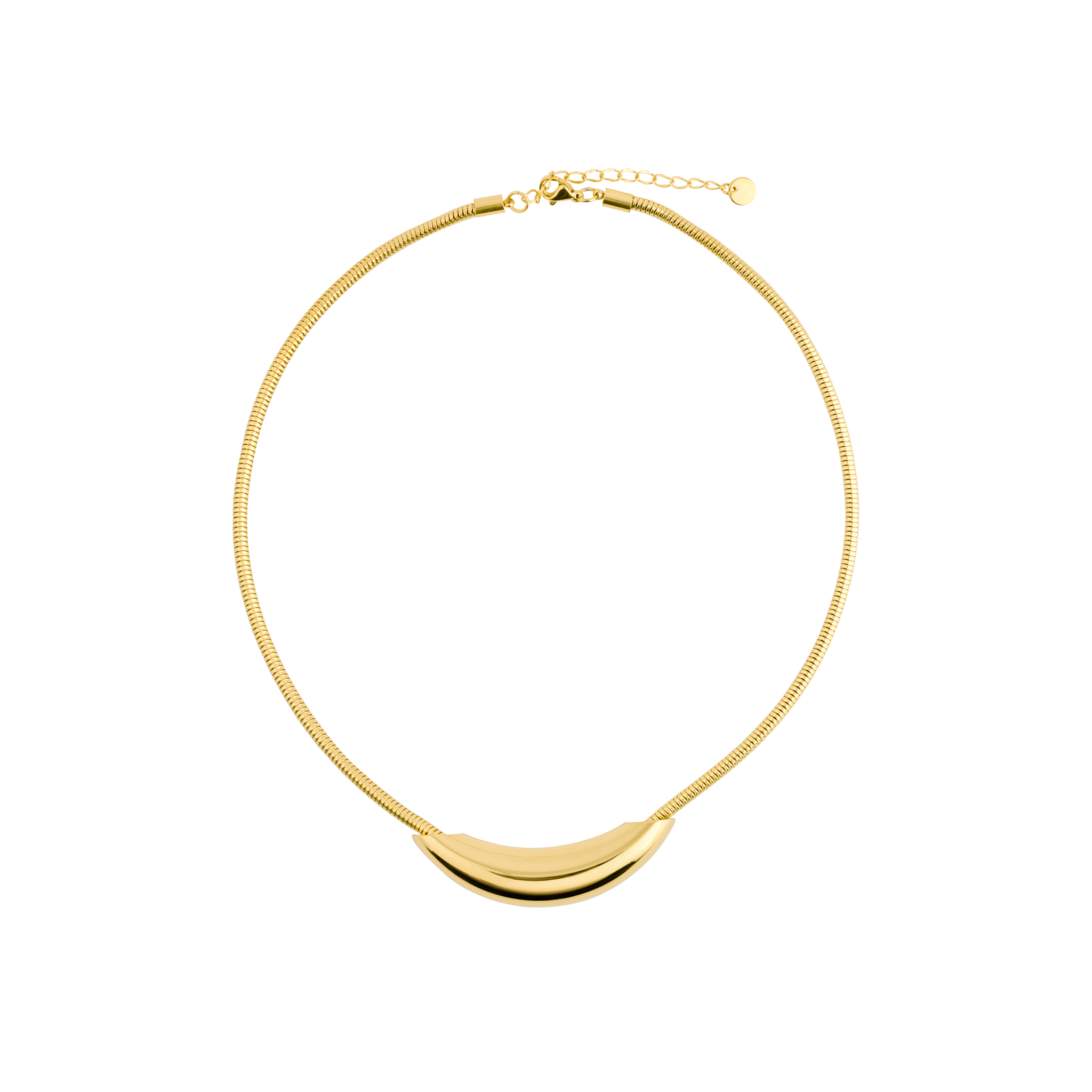 A sleek 18K gold-plated necklace featuring a curved crescent pendant on a slim snake chain with a polished finish.