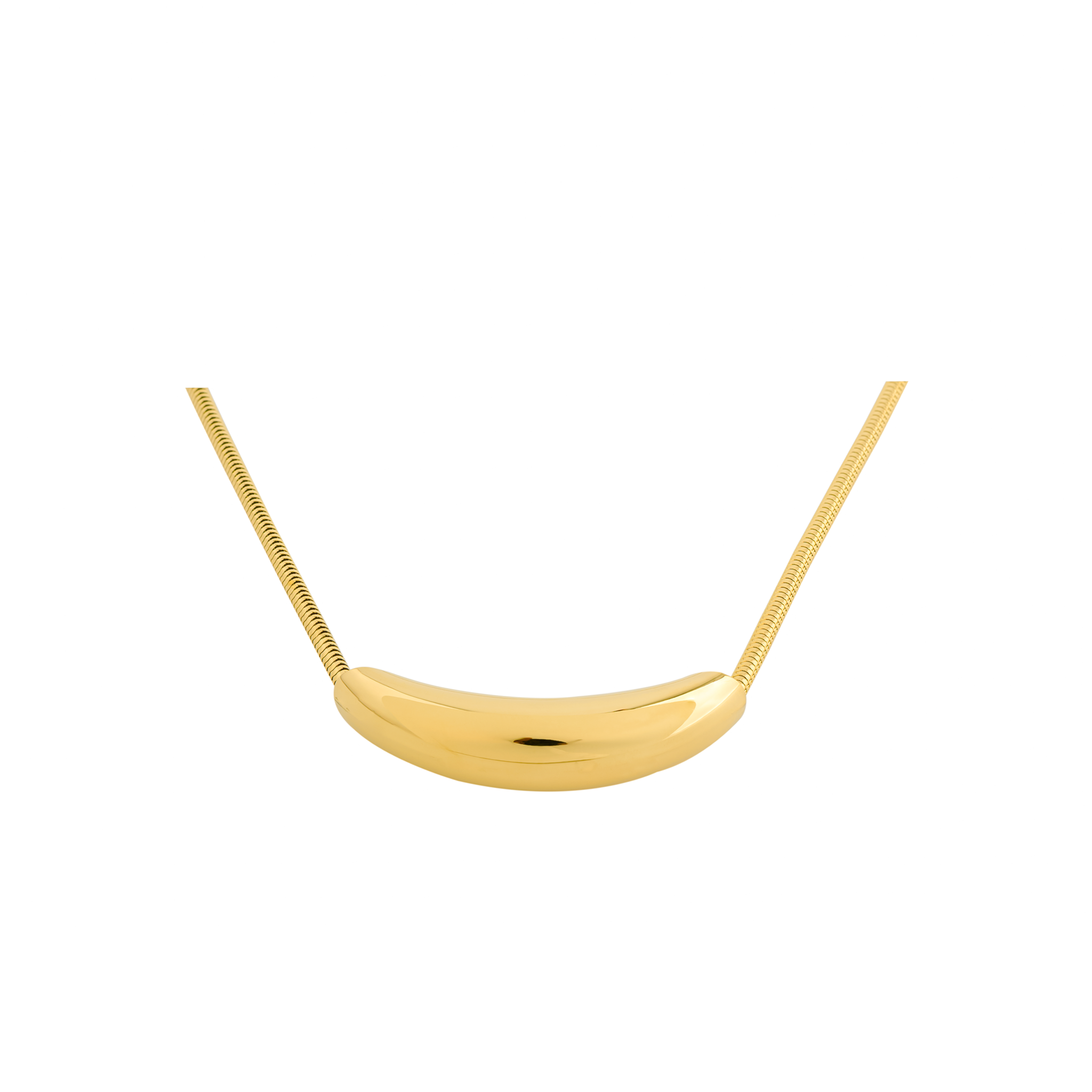 A sleek 18K gold-plated necklace featuring a curved crescent pendant on a slim snake chain with a polished finish.