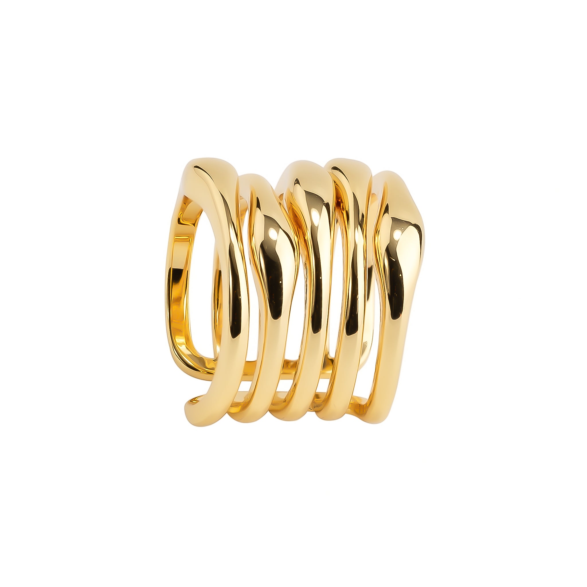 18K gold-plated statement ring with a layered, fluid design featuring smooth, curving bands for a bold, modern look.