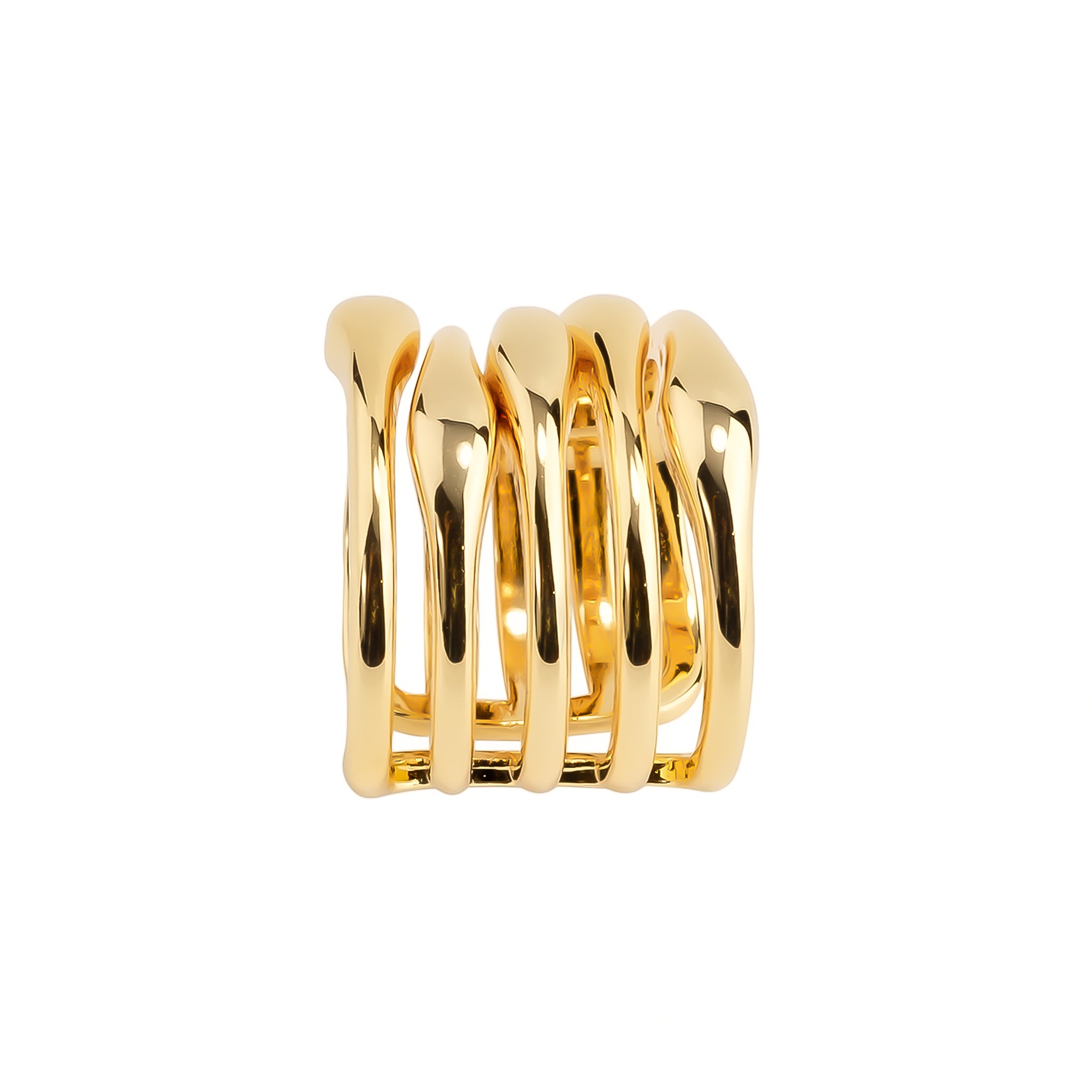 18K gold-plated statement ring with a layered, fluid design featuring smooth, curving bands for a bold, modern look.