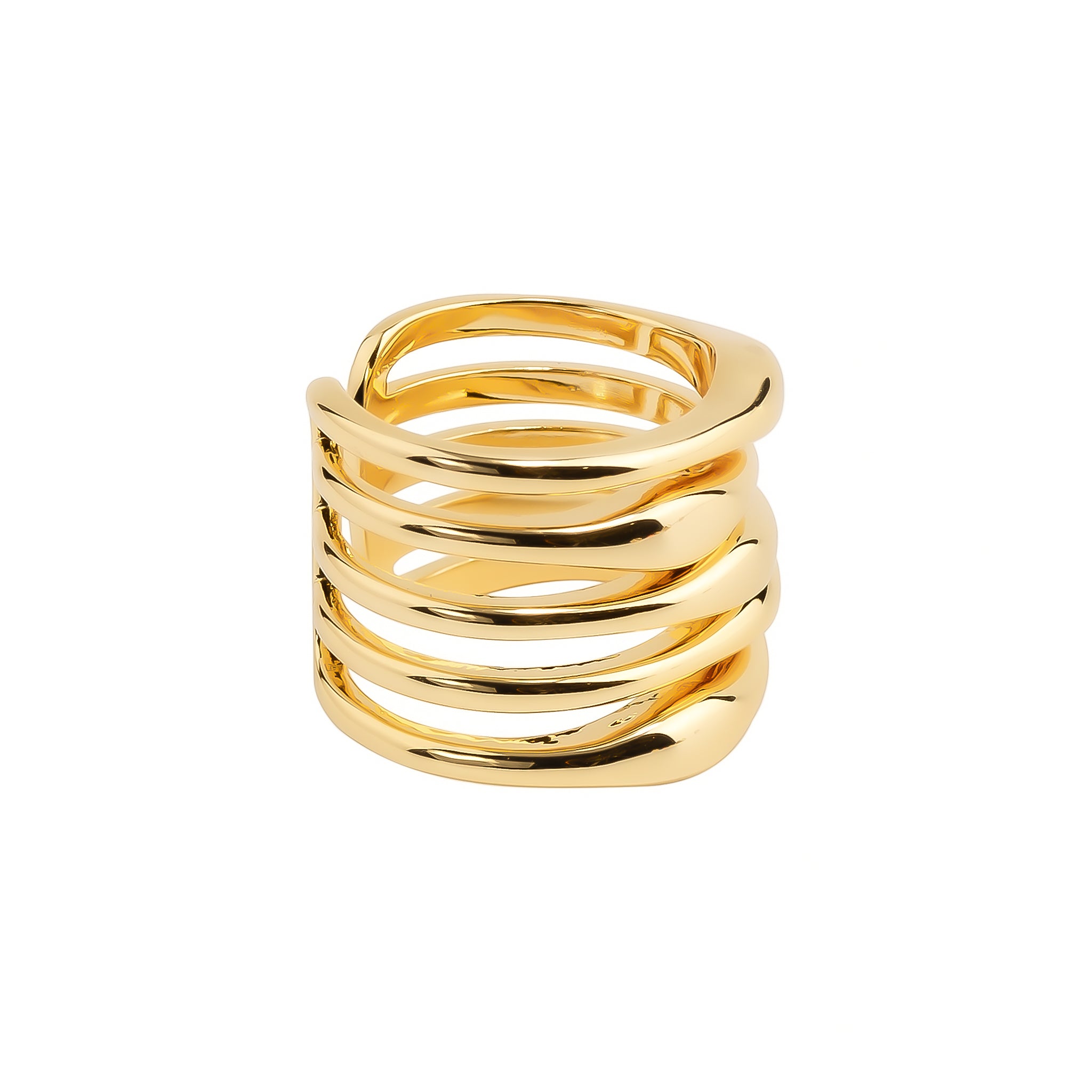 18K gold-plated statement ring with a layered, fluid design featuring smooth, curving bands for a bold, modern look.