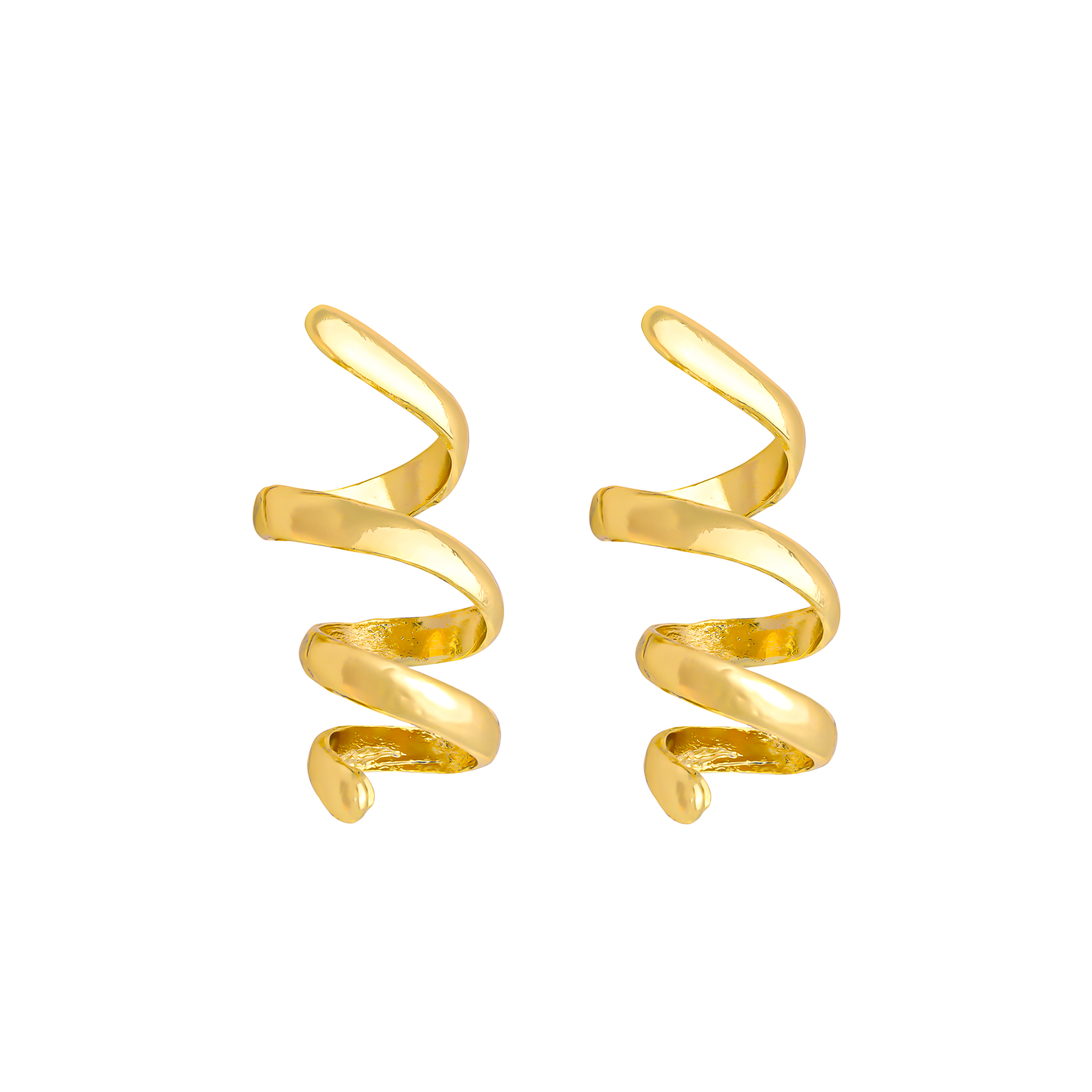 A pair of gold-plated spiral earrings with a bold, twisted design, offering a statement look with smooth, polished curves.