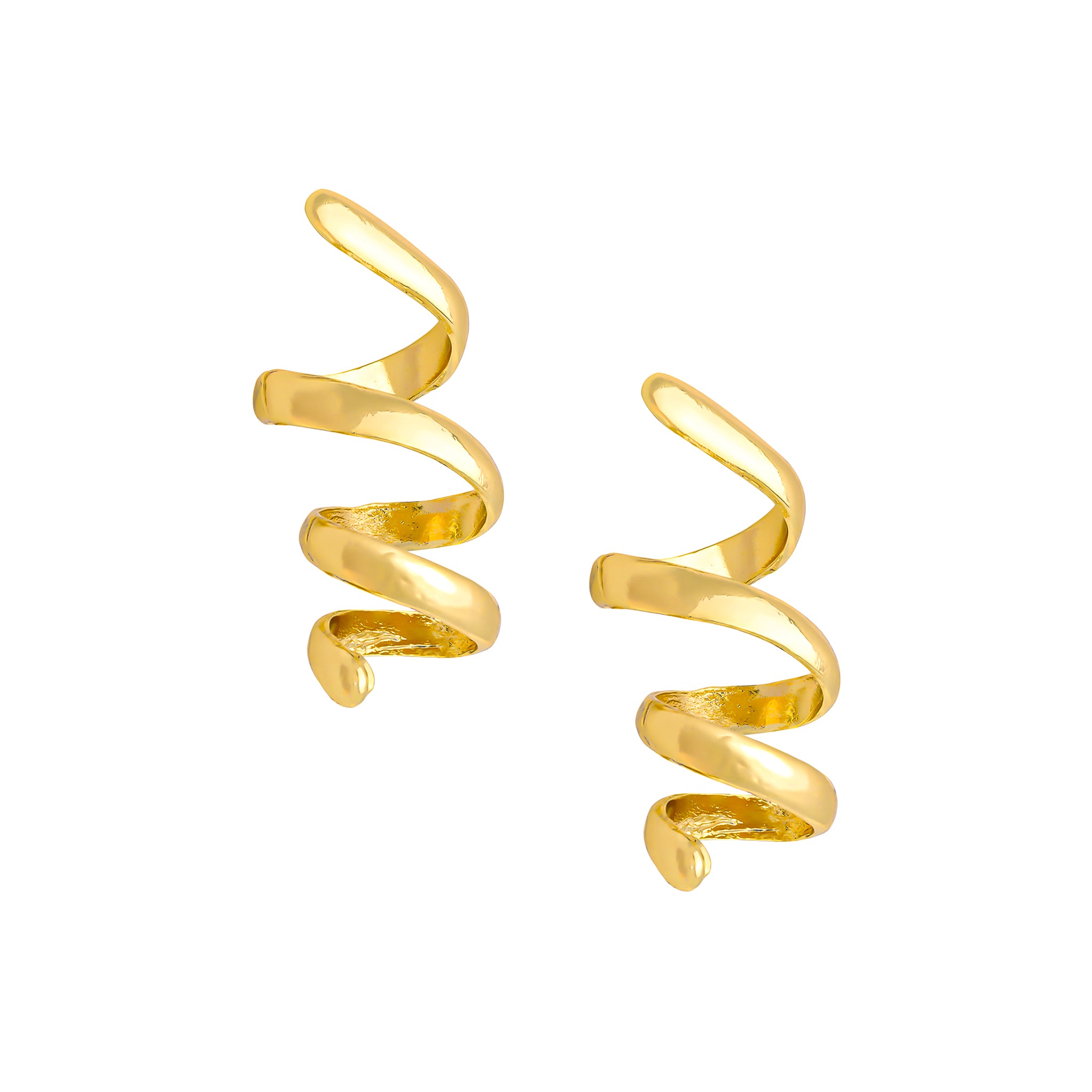 A pair of gold-plated spiral earrings with a bold, twisted design, offering a statement look with smooth, polished curves.