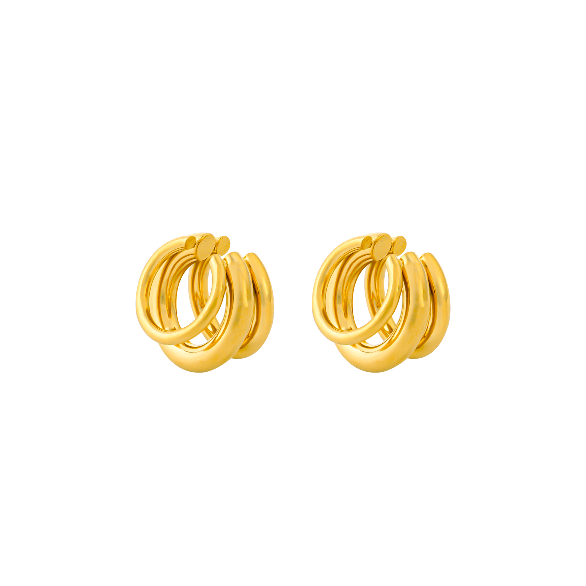 Close-up of a pair of 18K gold-plated triple-hoop ear cuffs with a minimalist design and a smooth, polished finish, showcasing their layered structure