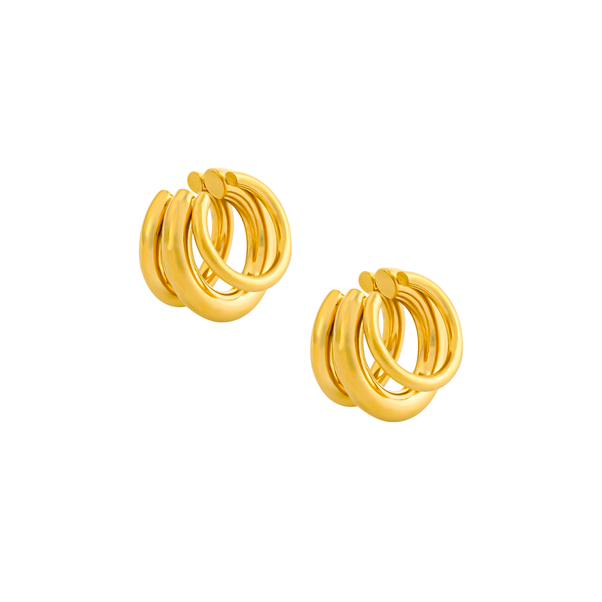 Close-up of a pair of 18K gold-plated triple-hoop ear cuffs with a minimalist design and a smooth, polished finish, showcasing their layered structure.