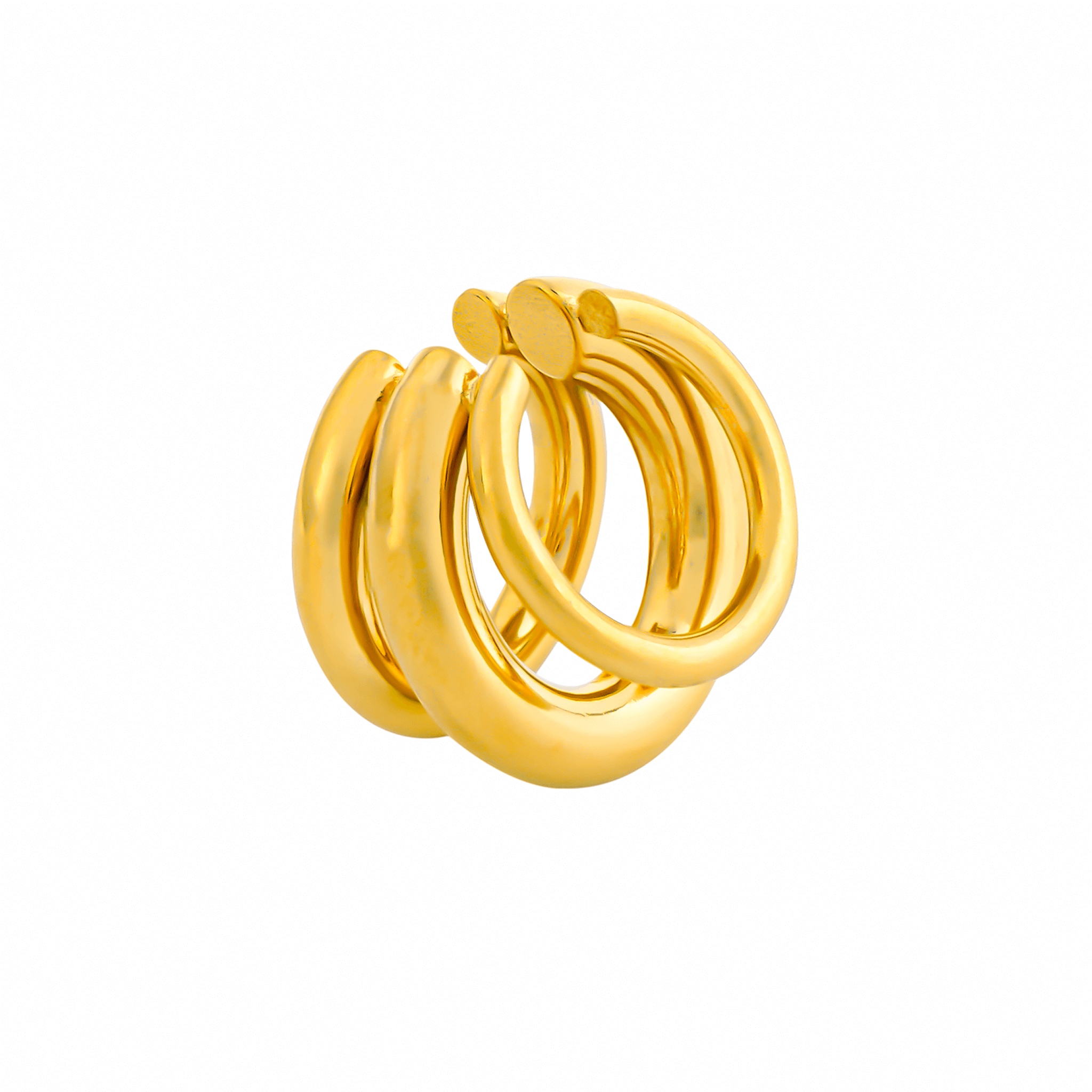 Close-up of a  18K gold-plated triple-hoop ear cuffs with a minimalist design and a smooth, polished finish, showcasing their layered structure