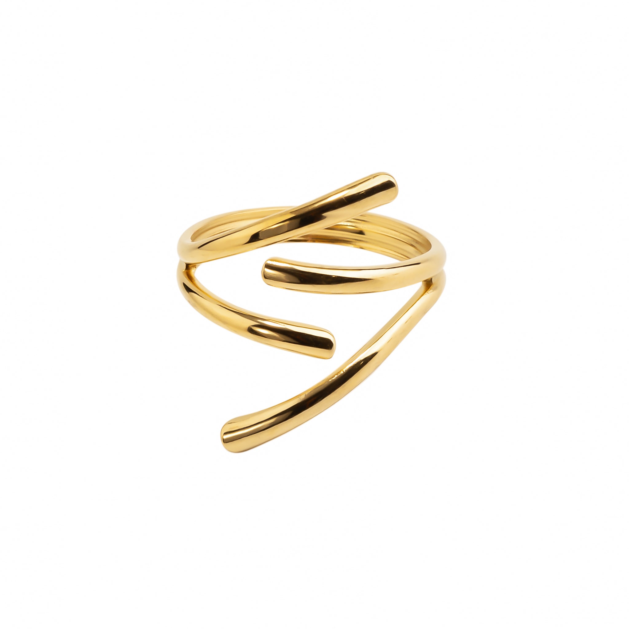 A minimalist gold ring featuring a sleek, modern spiral design. The elegant curves give the ring a dynamic, artistic appeal, perfect for making a bold yet refined fashion statement.