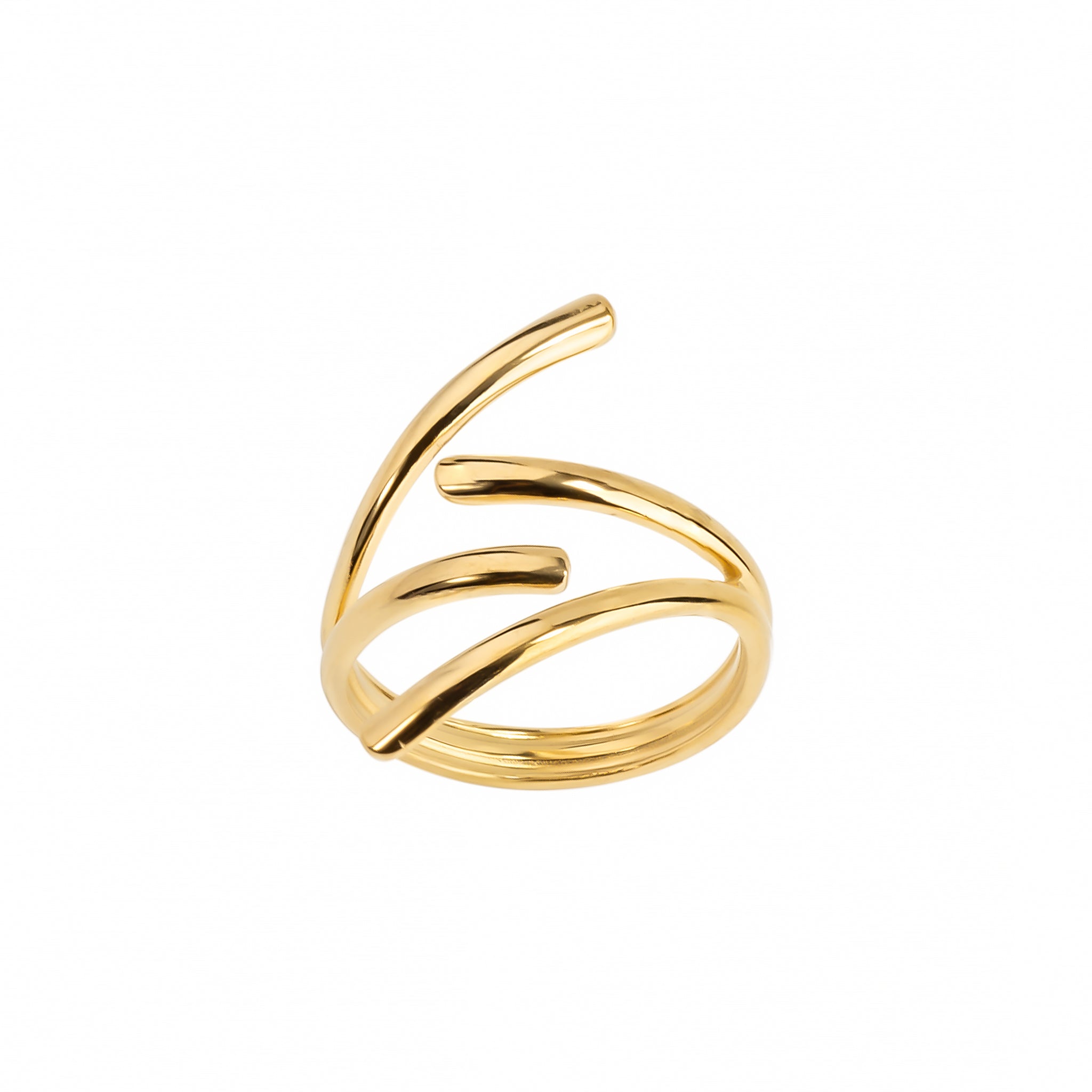 A minimalist gold ring featuring a sleek, modern spiral design. The elegant curves give the ring a dynamic, artistic appeal, perfect for making a bold yet refined fashion statement.