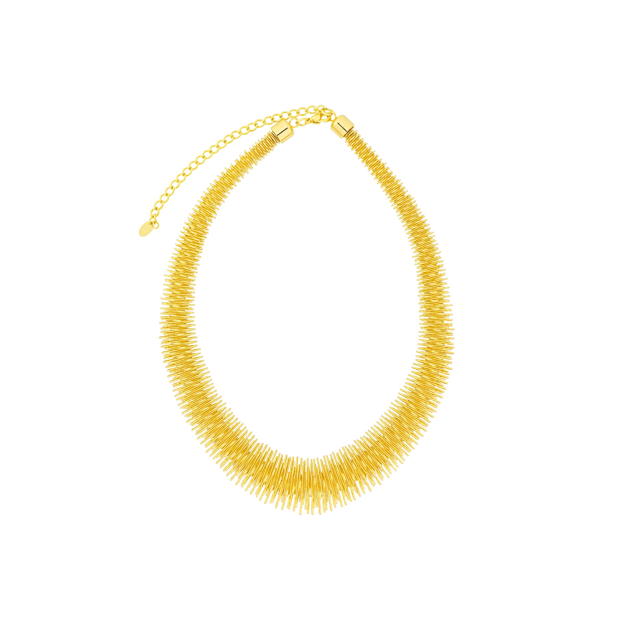 18K gold-plated statement necklace with a textured design, featuring layered cylindrical accents arranged in a radiant pattern.