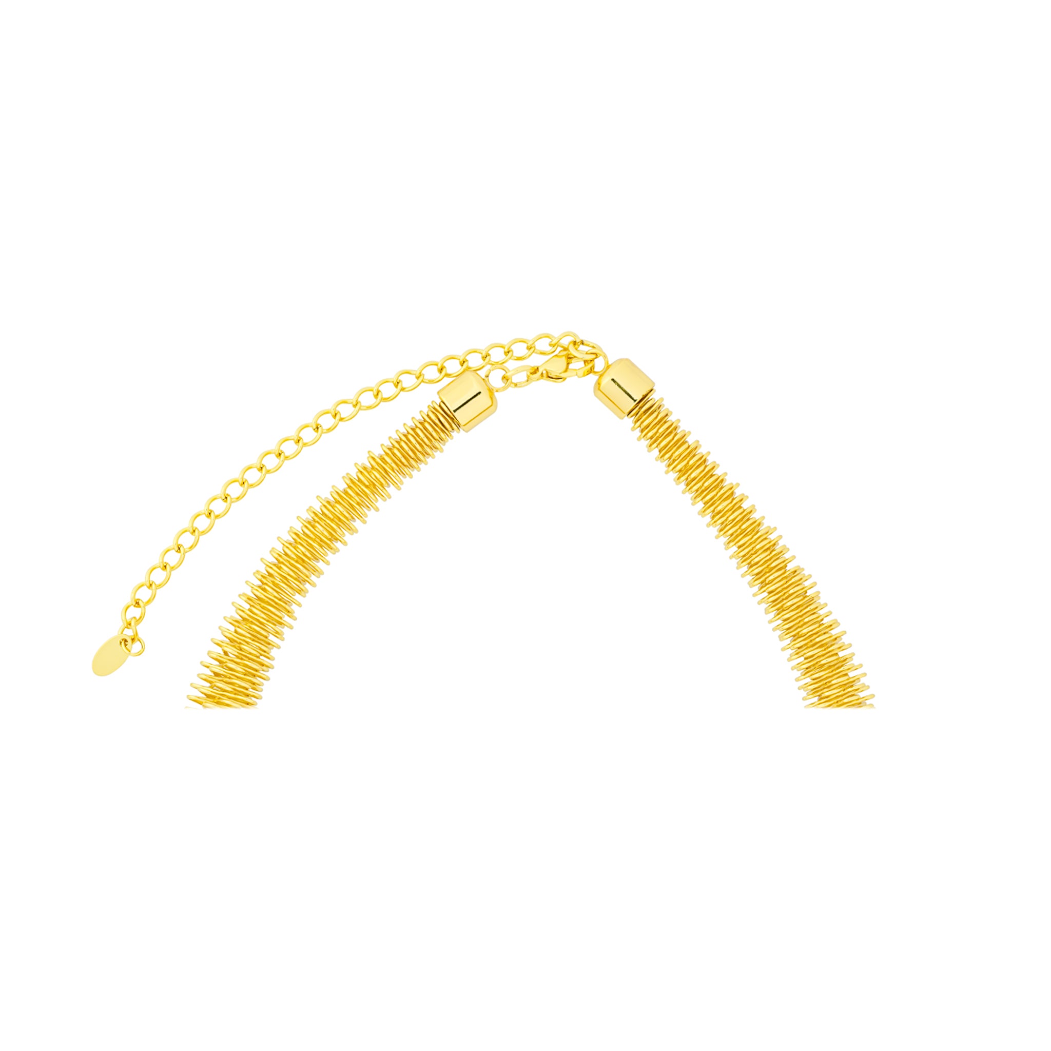 18K gold-plated statement necklace with a textured design, featuring layered cylindrical accents arranged in a radiant pattern.