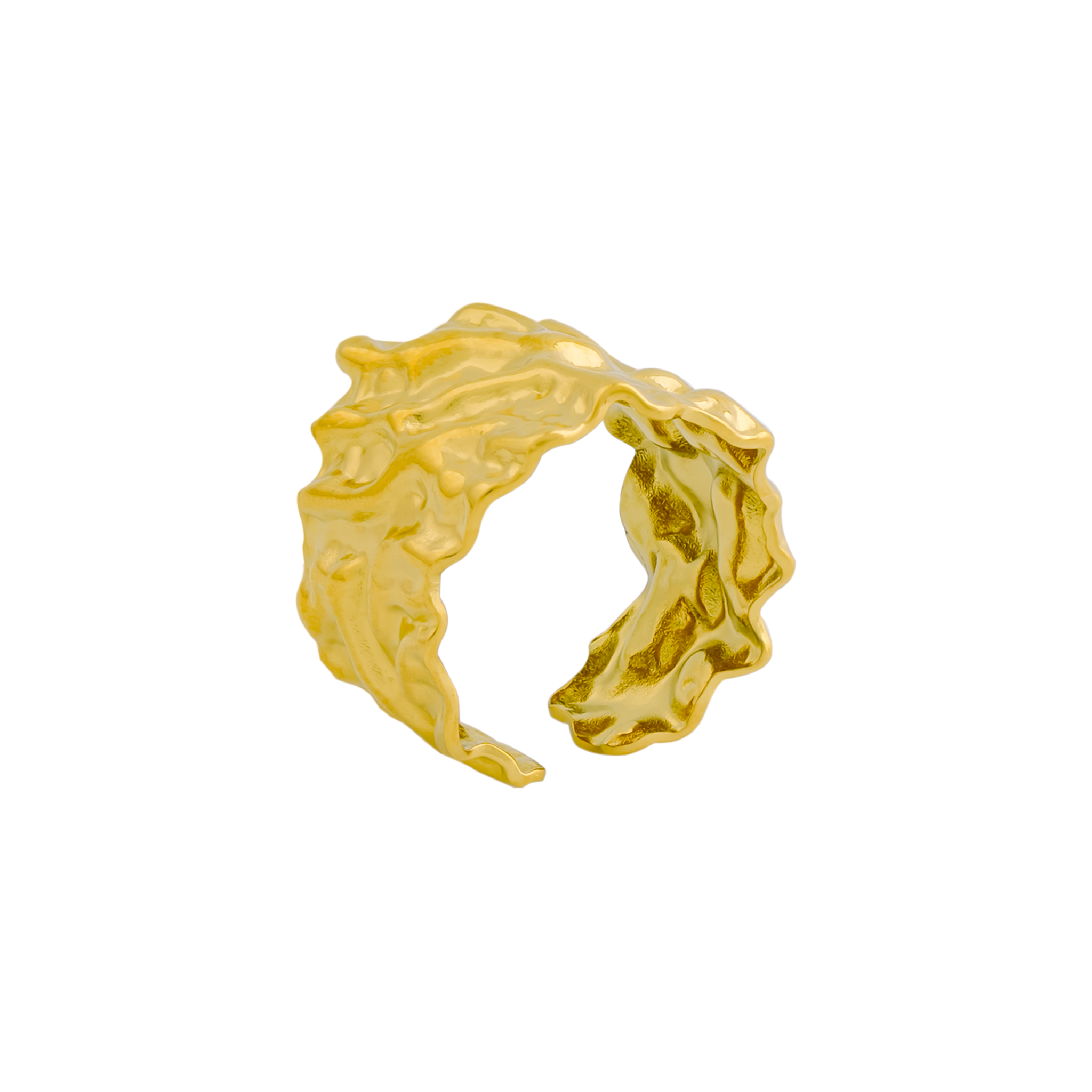 A textured, wide 18K gold ring with an organic, molten finish, reflecting bold individuality.