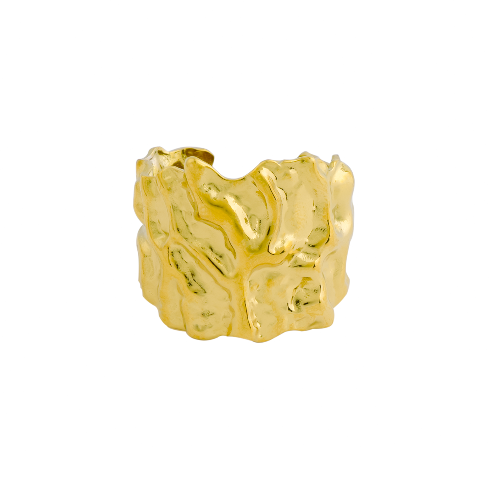 A textured, wide 18K gold ring with an organic, molten finish, reflecting bold individuality.