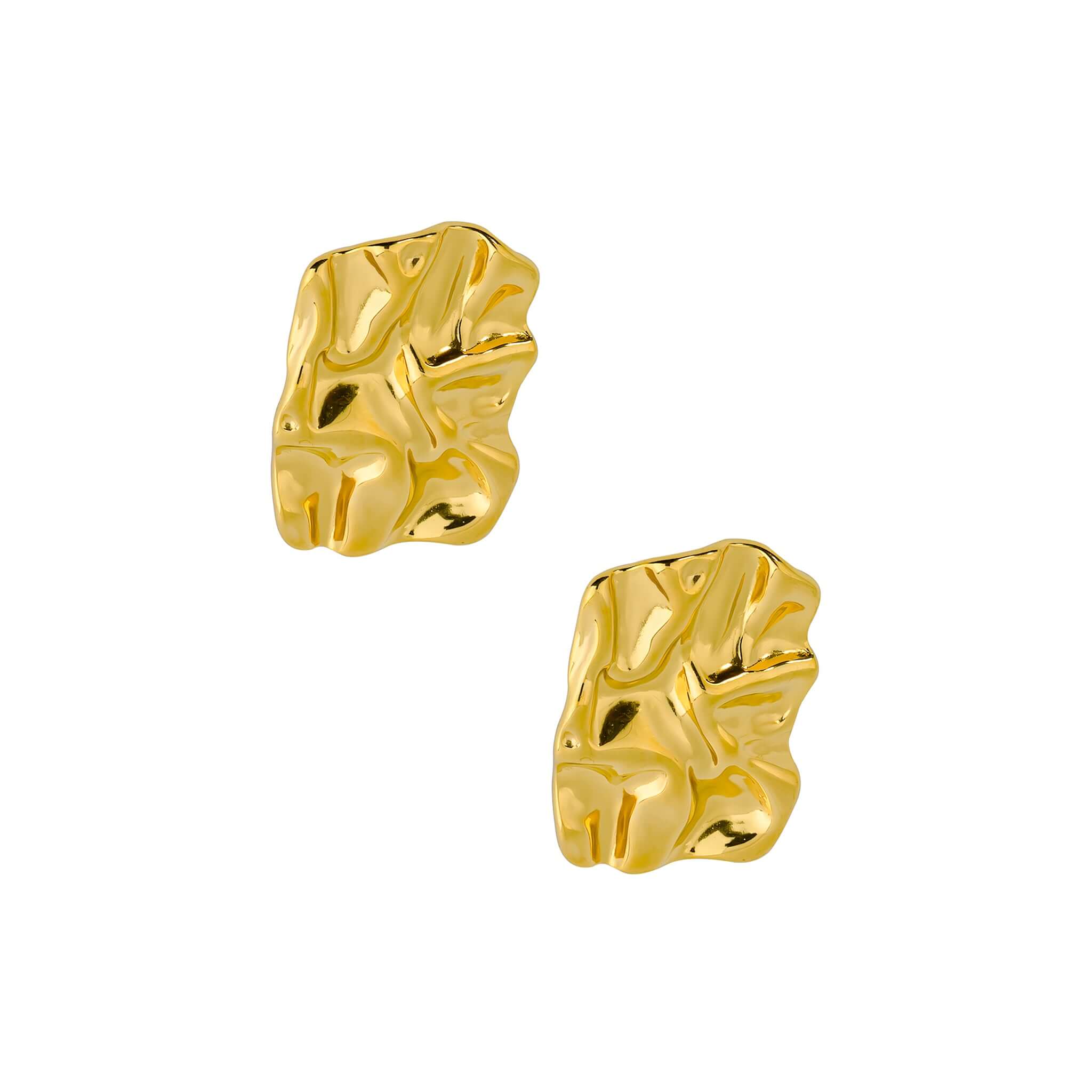 A pair of abstract 18K gold earrings featuring a crinkled, sculptural design that highlights contemporary artistry and texture.