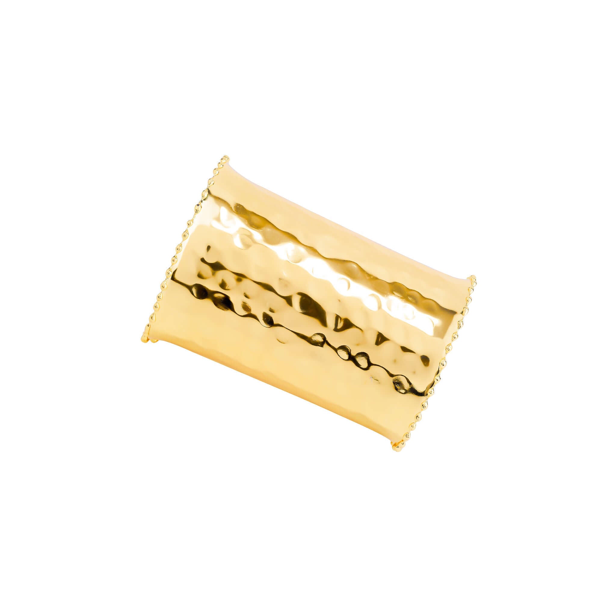 A textured, wide cuff bracelet in gold finish with a hammered design and beaded edges, showcasing a statement look.