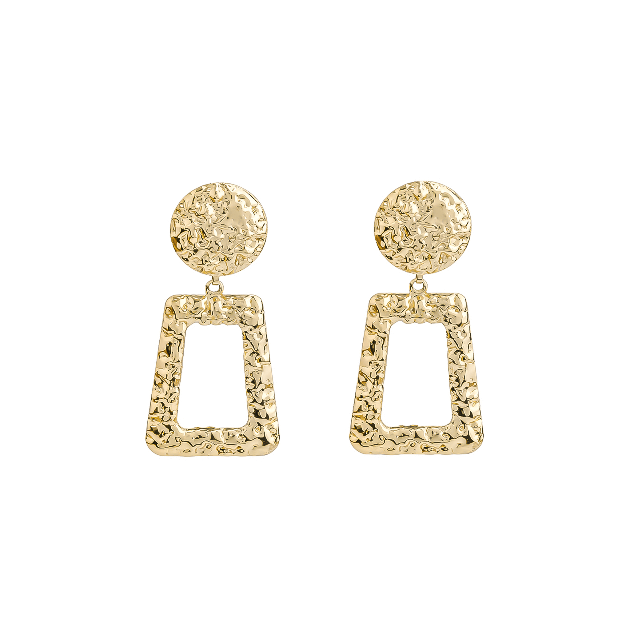 A pair of gold-plated, hammered geometric earrings featuring circular studs connected to open trapezoid pendants with a textured finish, exuding a bold and artistic design.