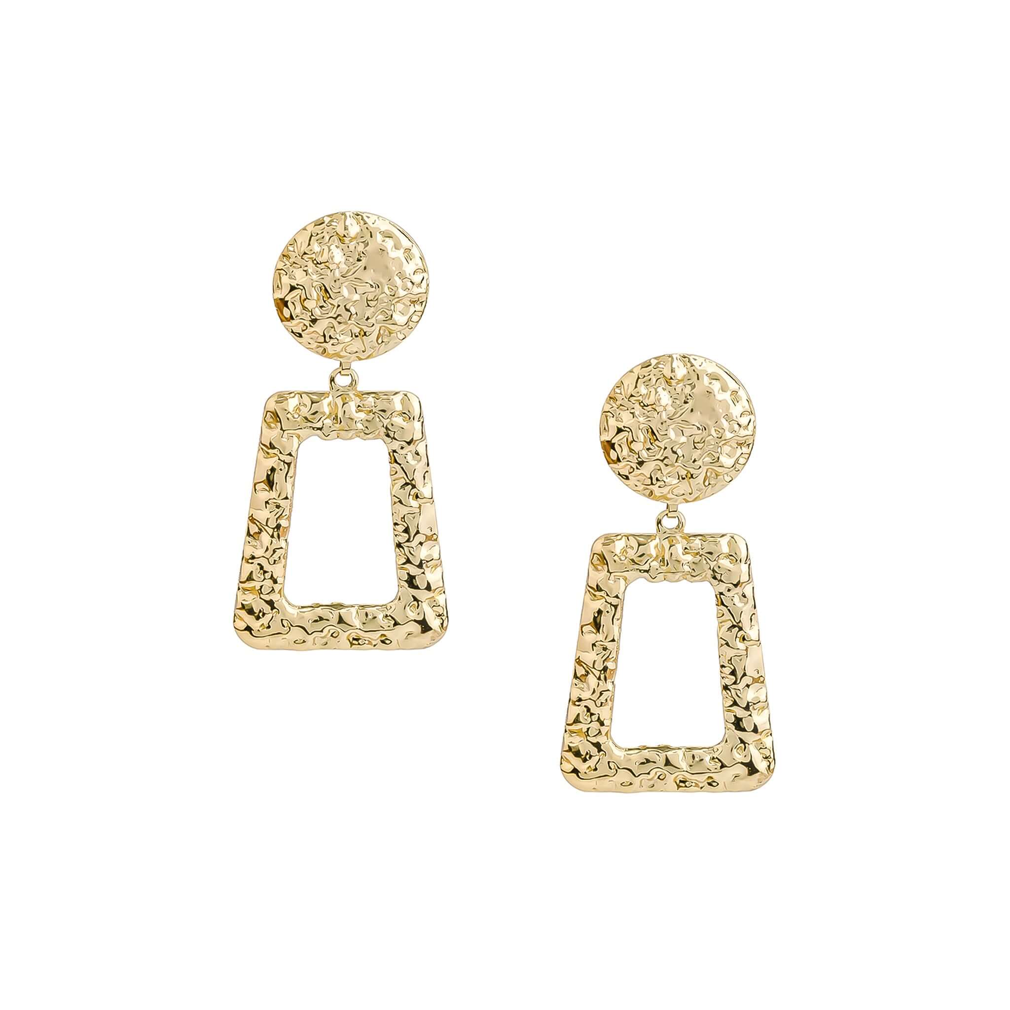 A pair of gold-plated, hammered geometric earrings featuring circular studs connected to open trapezoid pendants with a textured finish, exuding a bold and artistic design.