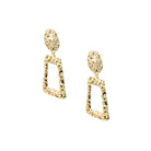 A pair of gold-plated, hammered geometric earrings featuring circular studs connected to open trapezoid pendants with a textured finish, exuding a bold and artistic design.