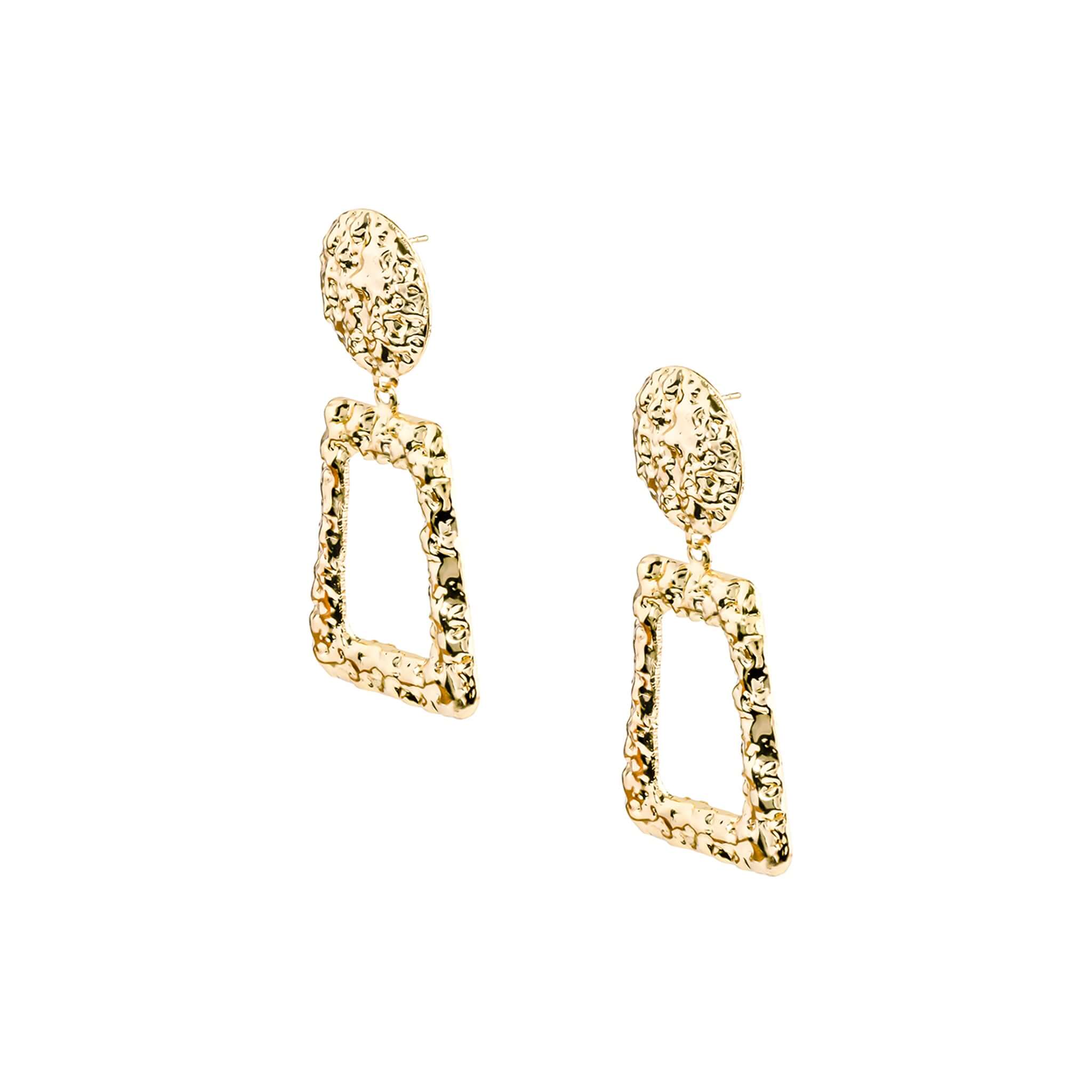 A pair of gold-plated, hammered geometric earrings featuring circular studs connected to open trapezoid pendants with a textured finish, exuding a bold and artistic design.
