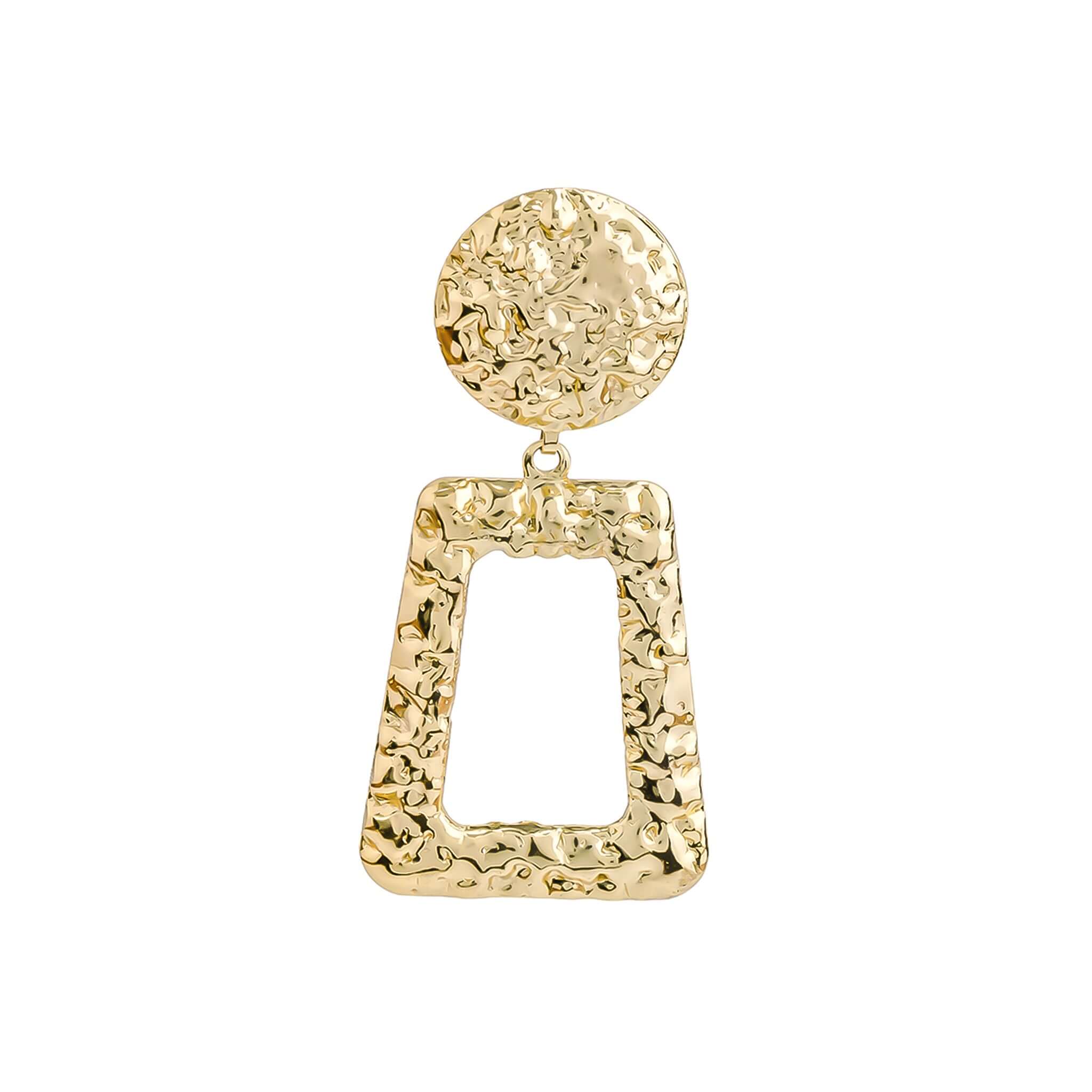 A gold-plated, hammered geometric earrings featuring circular studs connected to open trapezoid pendants with a textured finish, exuding a bold and artistic design.