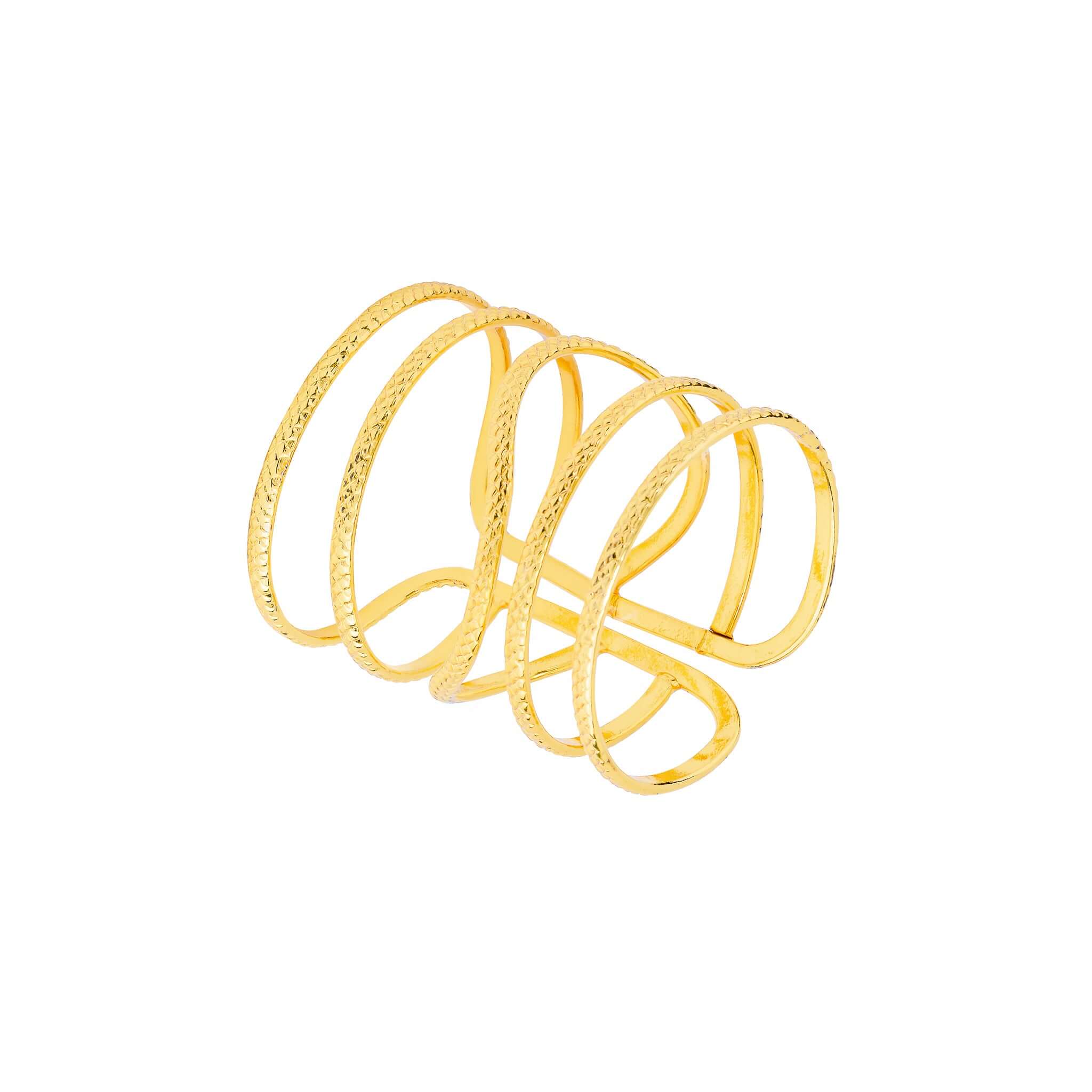 Gold-plated cuff bracelet featuring textured interwoven loops in a sleek and modern design, showcasing elegant craftsmanship and a radiant polished finish.