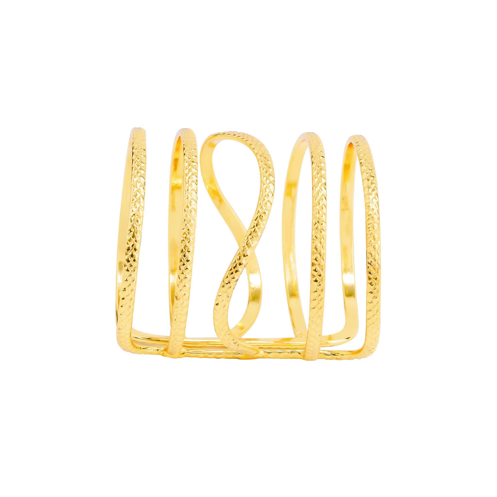 Gold-plated cuff bracelet featuring textured interwoven loops in a sleek and modern design, showcasing elegant craftsmanship and a radiant polished finish.