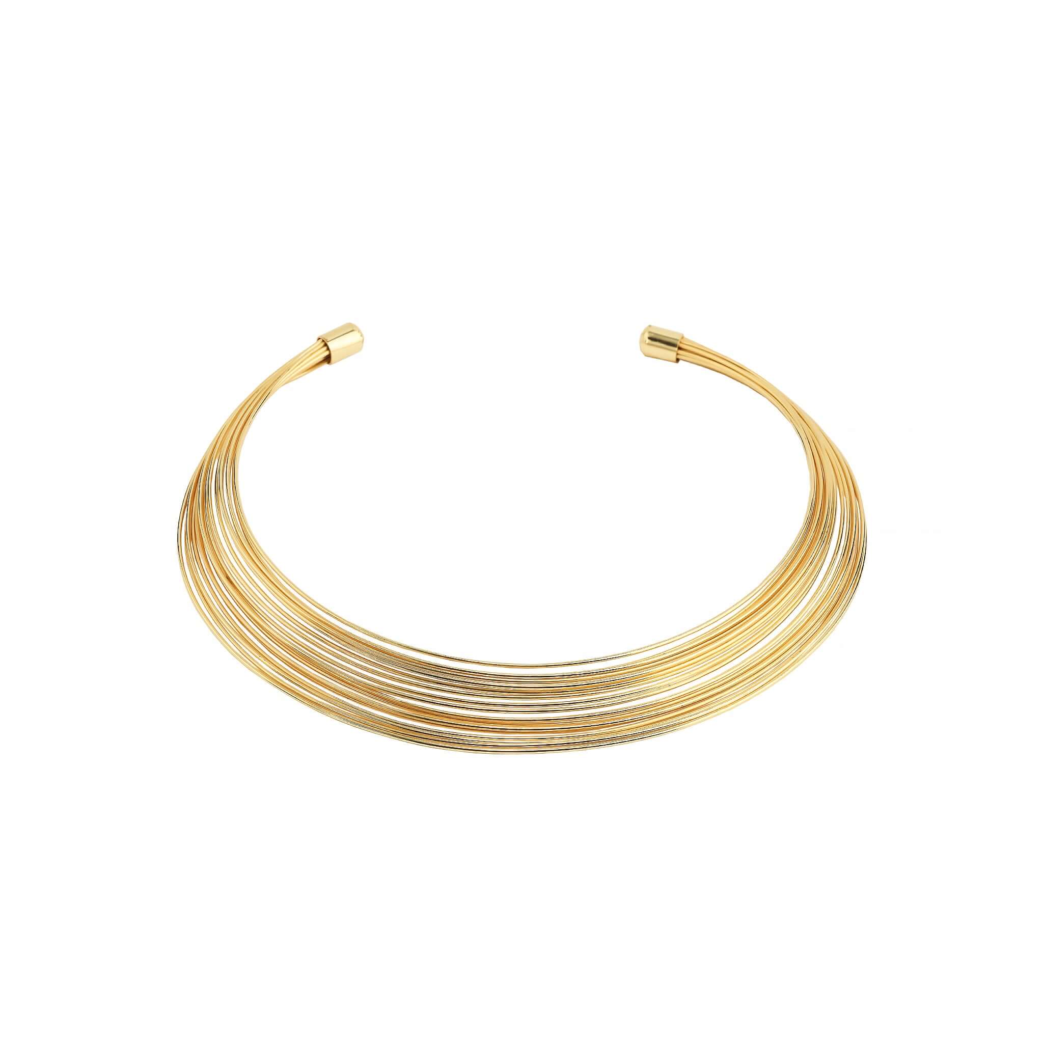 A sleek, multi-layered gold choker necklace composed of delicate, closely arranged wires creating a smooth, polished finish.
