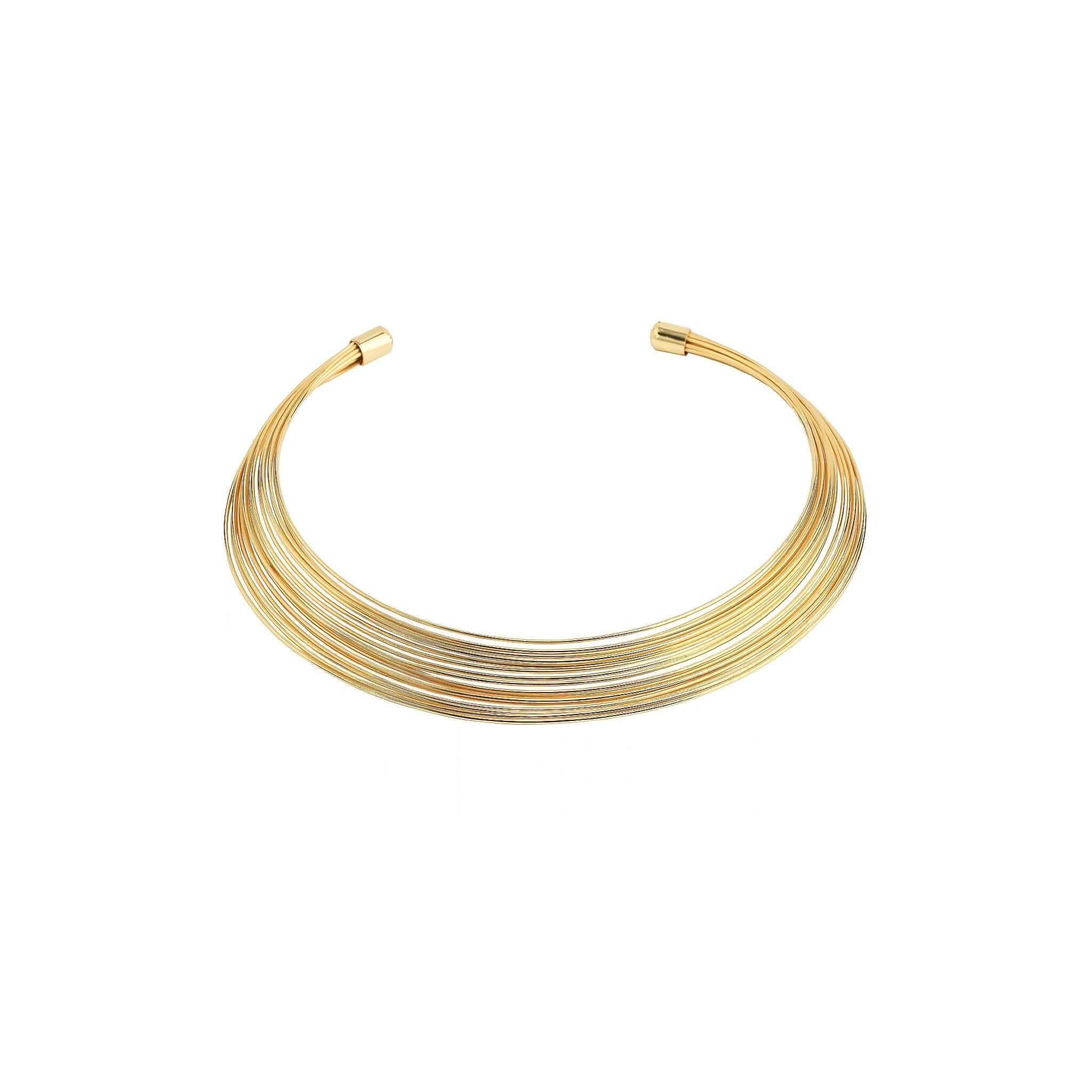 A sleek, multi-layered gold choker necklace composed of delicate, closely arranged wires creating a smooth, polished finish.