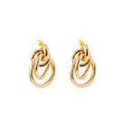 Close-up of 18K gold-plated statement earrings featuring three interlocking rings with a mix of textured and smooth finishes, exuding bold and modern charm.