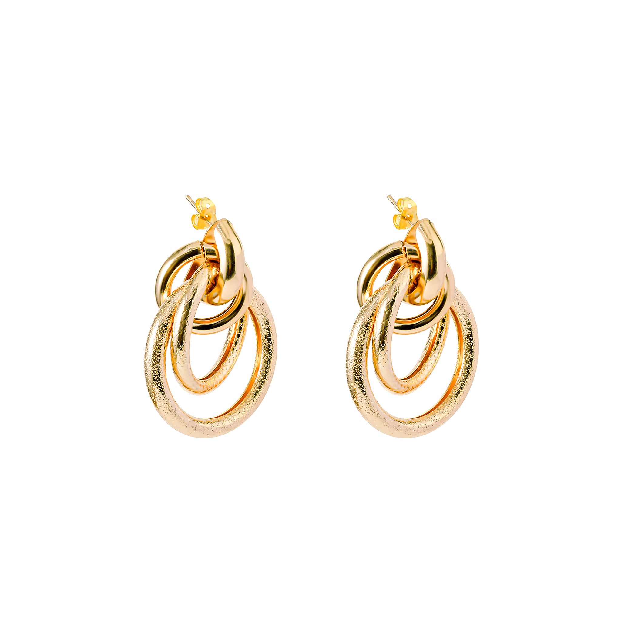 Close-up of 18K gold-plated statement earrings featuring three interlocking rings with a mix of textured and smooth finishes, exuding bold and modern charm.