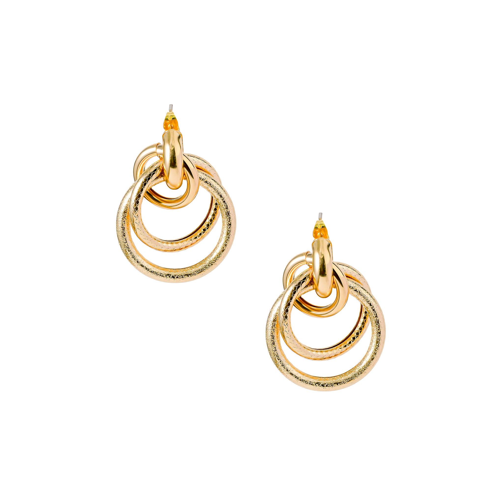 Close-up of 18K gold-plated statement earrings featuring three interlocking rings with a mix of textured and smooth finishes, exuding bold and modern charm.