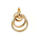 Close-up of 18K gold-plated statement earrings featuring three interlocking rings with a mix of textured and smooth finishes, exuding bold and modern charm.