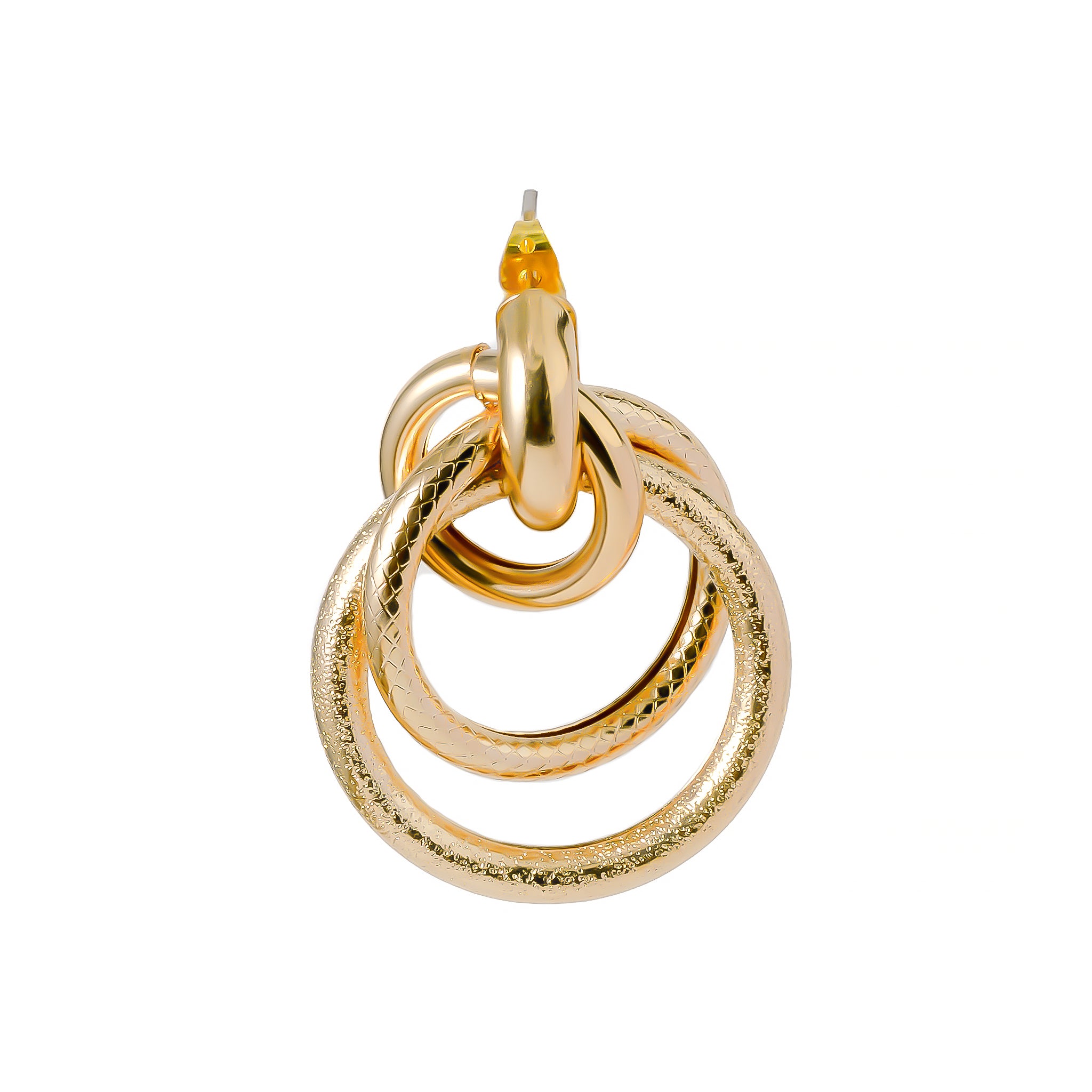 Close-up of 18K gold-plated statement earrings featuring three interlocking rings with a mix of textured and smooth finishes, exuding bold and modern charm.