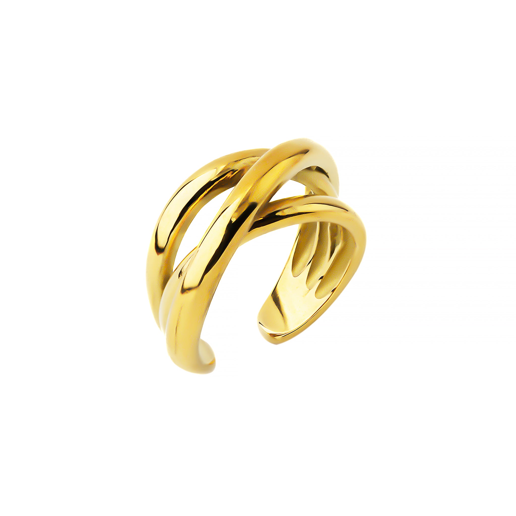 A 3-band intertwined 18K gold-plated ring with a smooth and polished surface, showcasing an elegant, modern, and minimalist design.