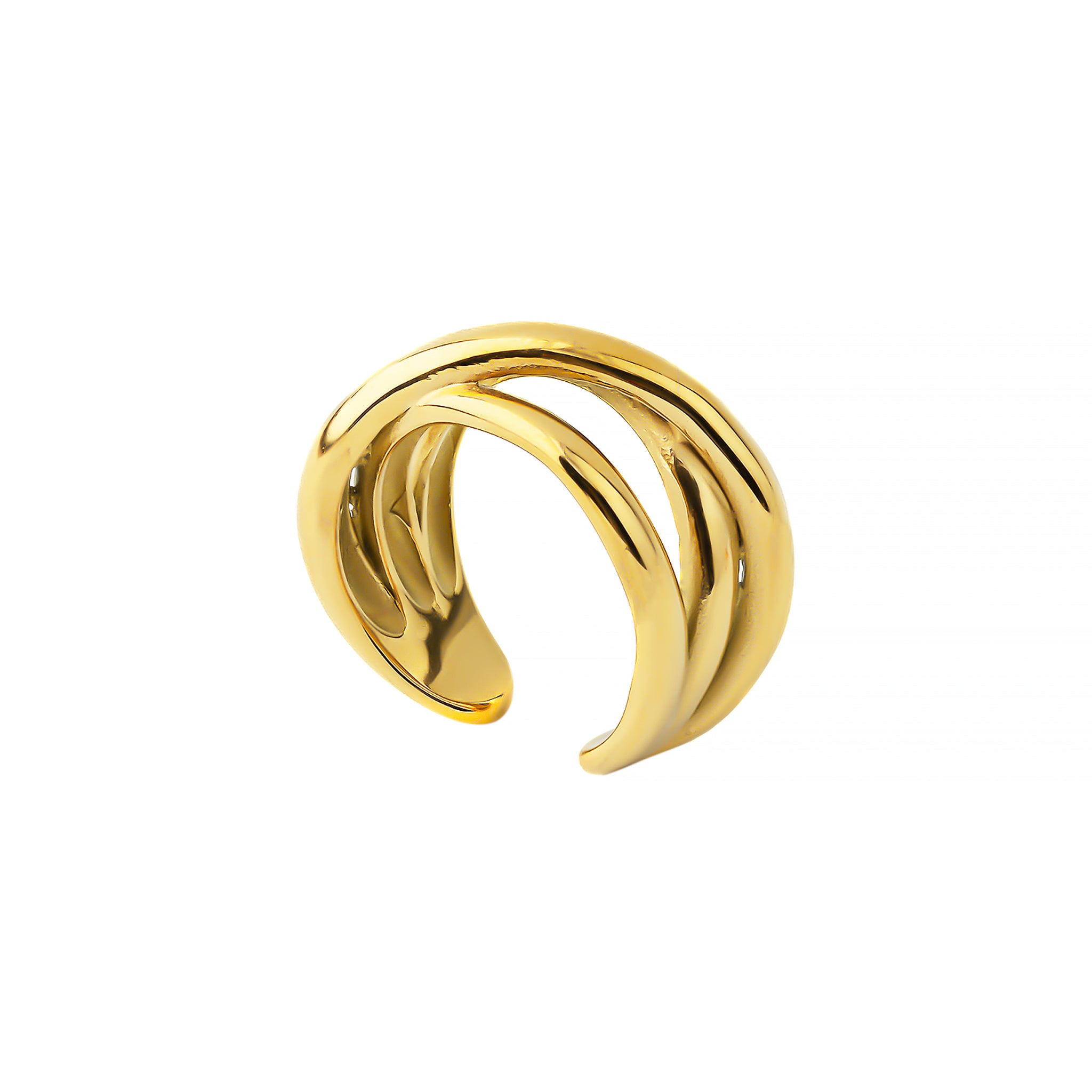 A 3-band intertwined 18K gold-plated ring with a smooth and polished surface, showcasing an elegant, modern, and minimalist design.