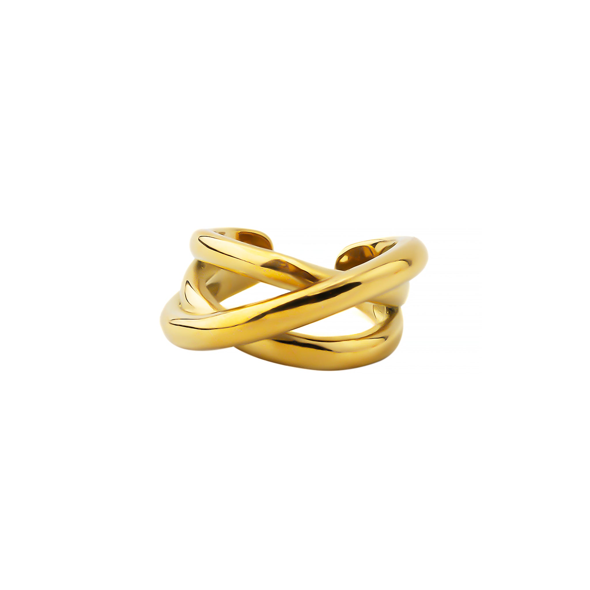 A 3-band intertwined 18K gold-plated ring with a smooth and polished surface, showcasing an elegant, modern, and minimalist design.