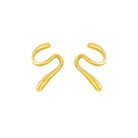 Pair of 18K gold-plated abstract swirl earrings featuring a fluid, organic design with a curved teardrop-shaped finish.