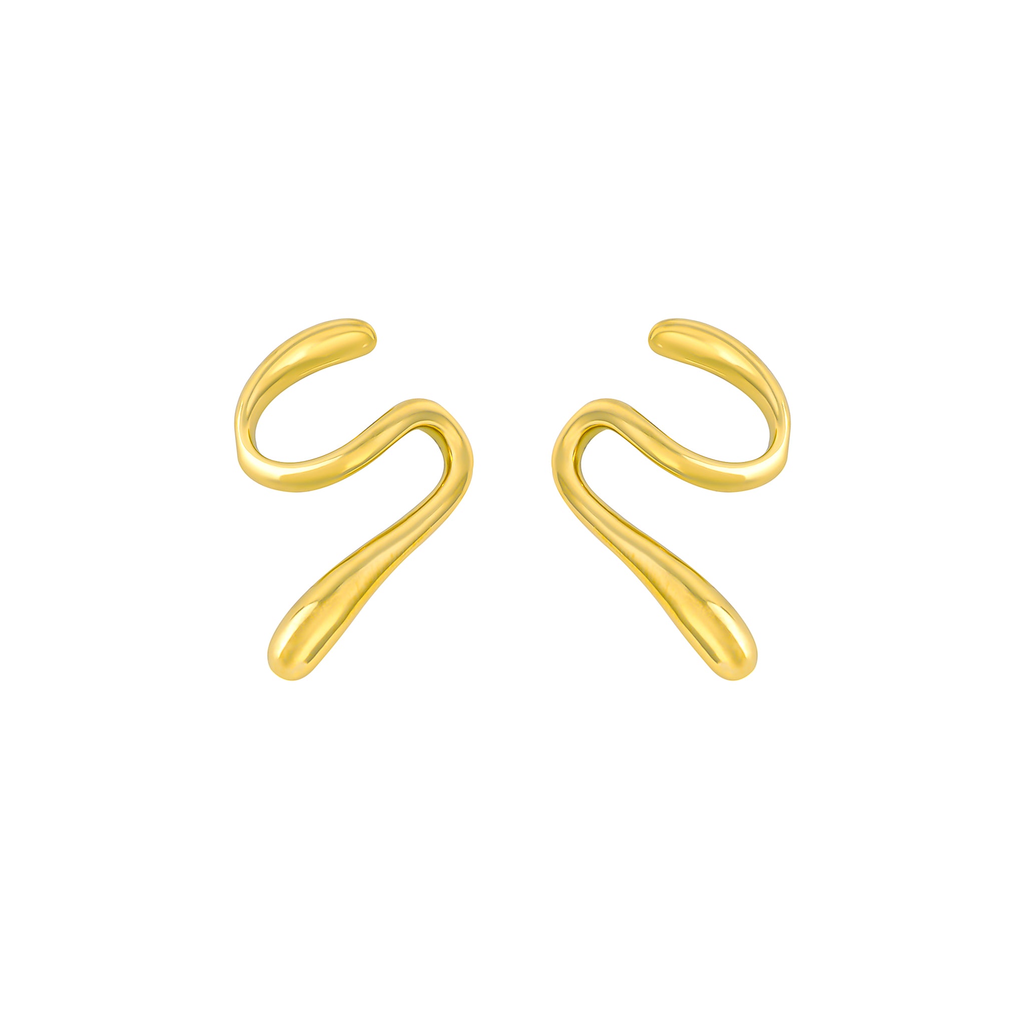 Pair of 18K gold-plated abstract swirl earrings featuring a fluid, organic design with a curved teardrop-shaped finish.