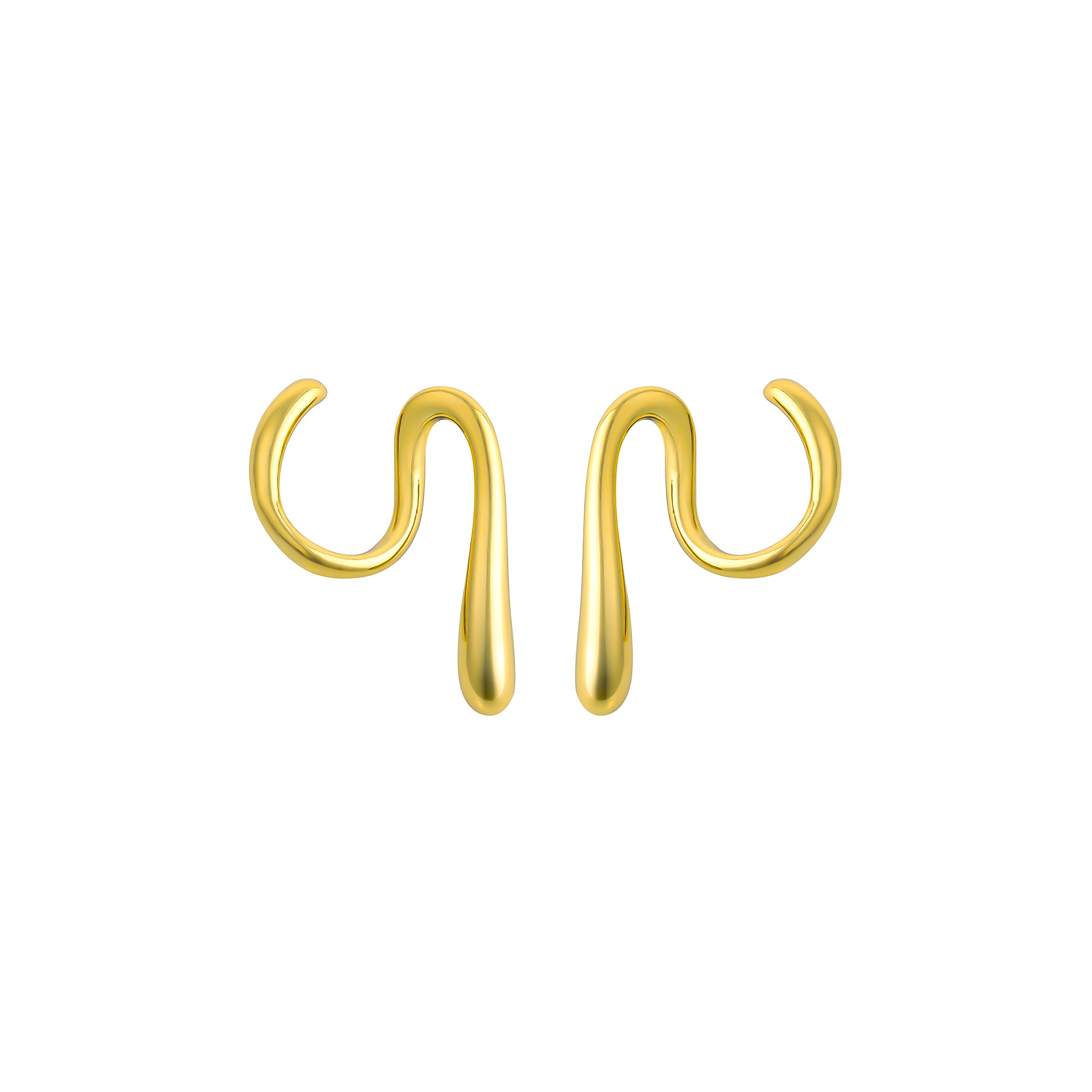 Pair of 18K gold-plated abstract swirl earrings featuring a fluid, organic design with a curved teardrop-shaped finish.