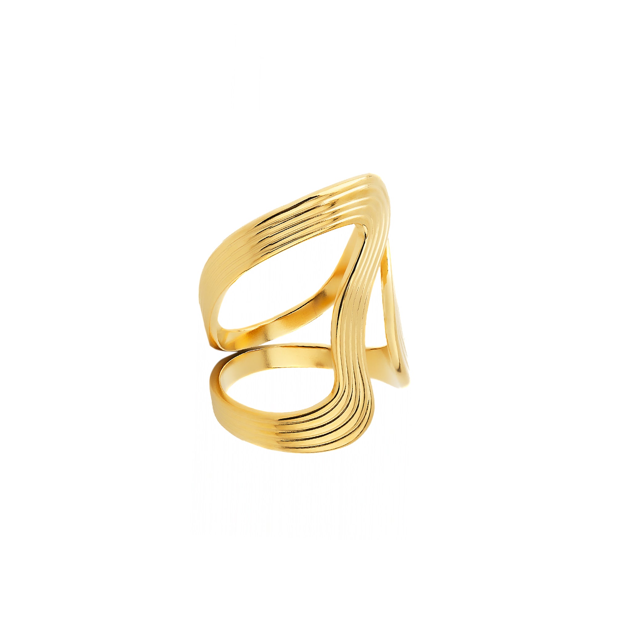 Gold-tone statement ring with a flowing, ripple-inspired design featuring curved bands in a sleek, polished finish.