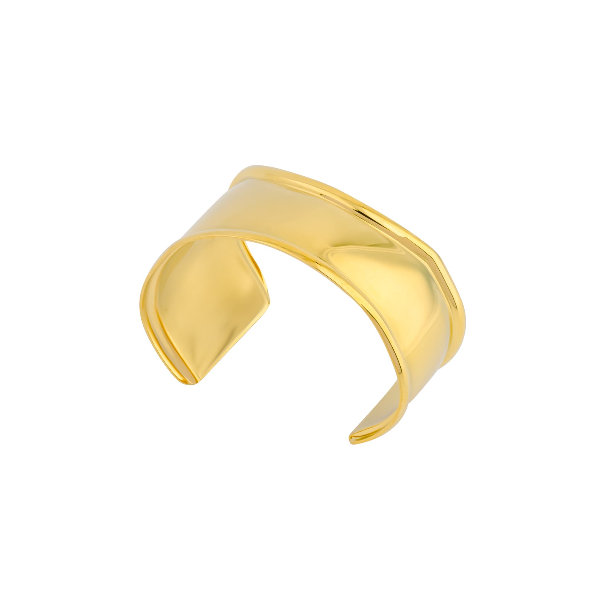 A sleek, 18K gold plated polished cuff bracelet with a minimalistic, wide band design, showcasing smooth edges and a mirror-like finish.