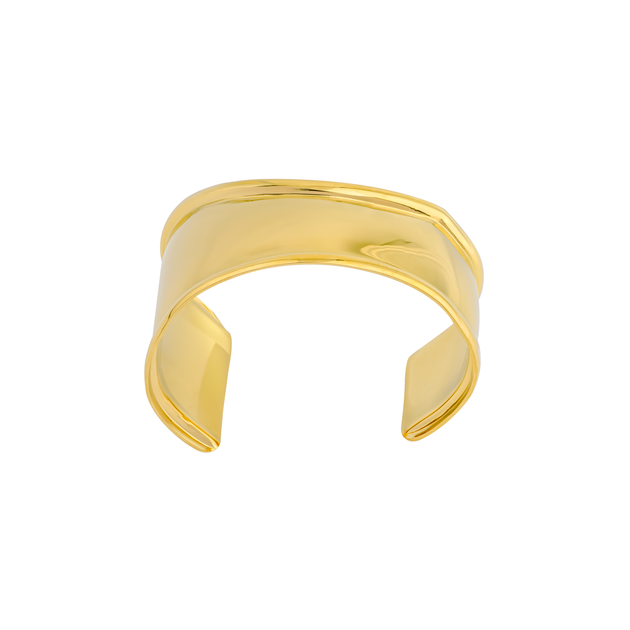 A sleek, 18K gold plated polished cuff bracelet with a minimalistic, wide band design, showcasing smooth edges and a mirror-like finish.