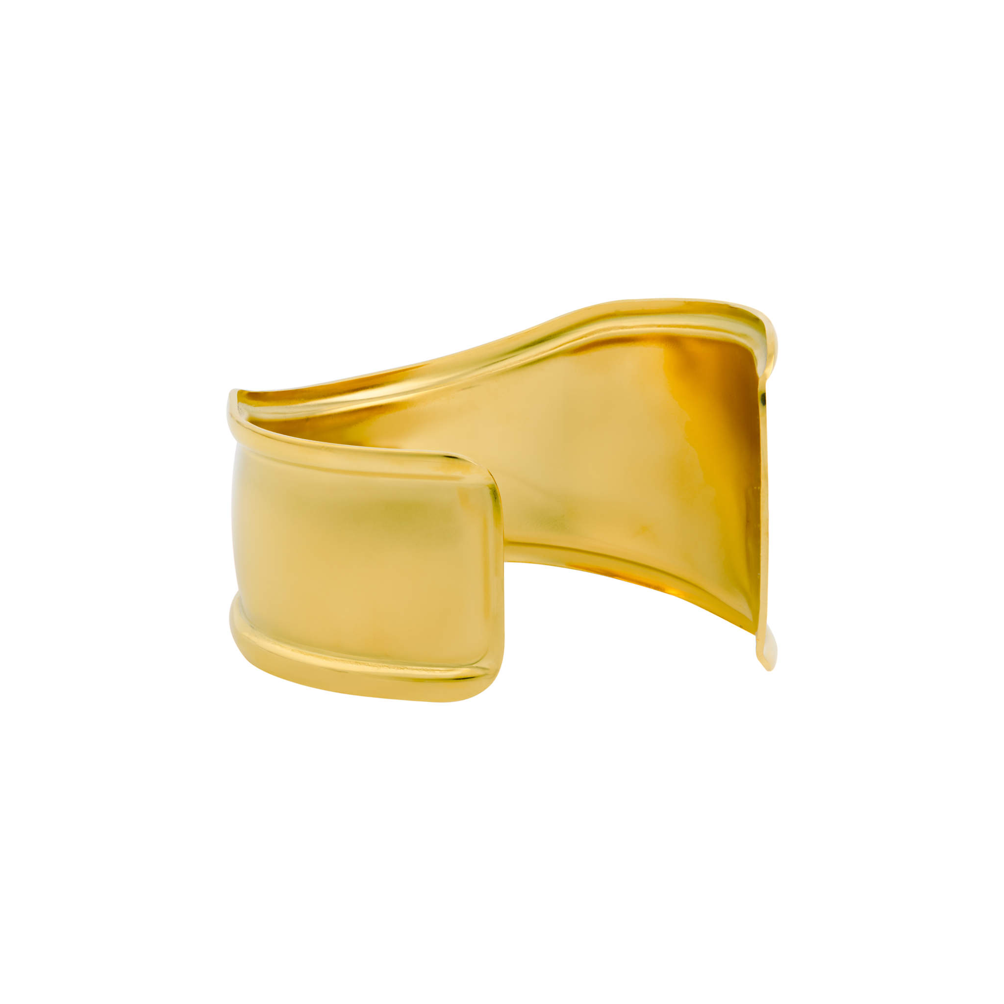 A sleek, 18K gold plated polished cuff bracelet with a minimalistic, wide band design, showcasing smooth edges and a mirror-like finish.