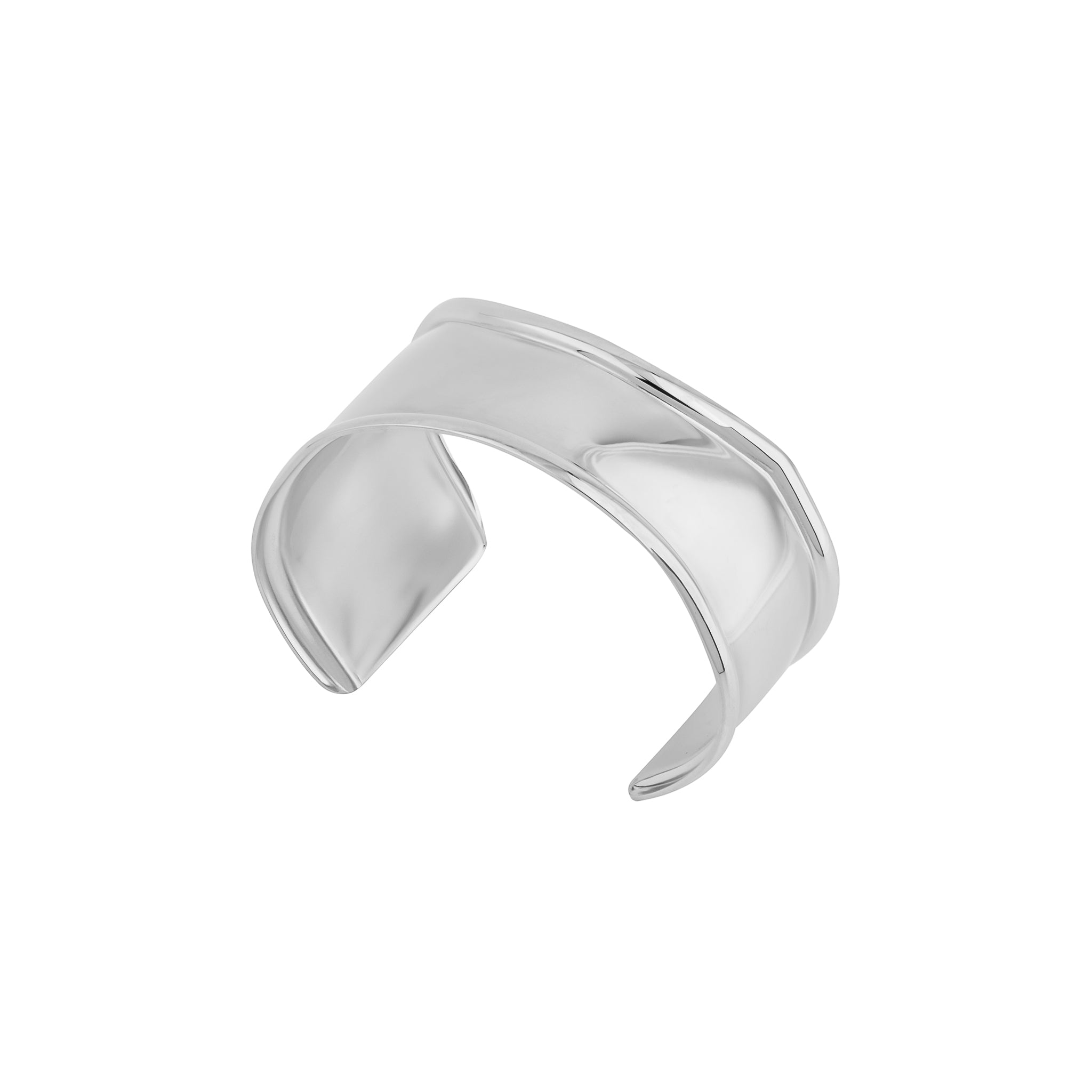 A sleek, silver plated polished cuff bracelet with a minimalistic, wide band design, showcasing smooth edges and a mirror-like finish.