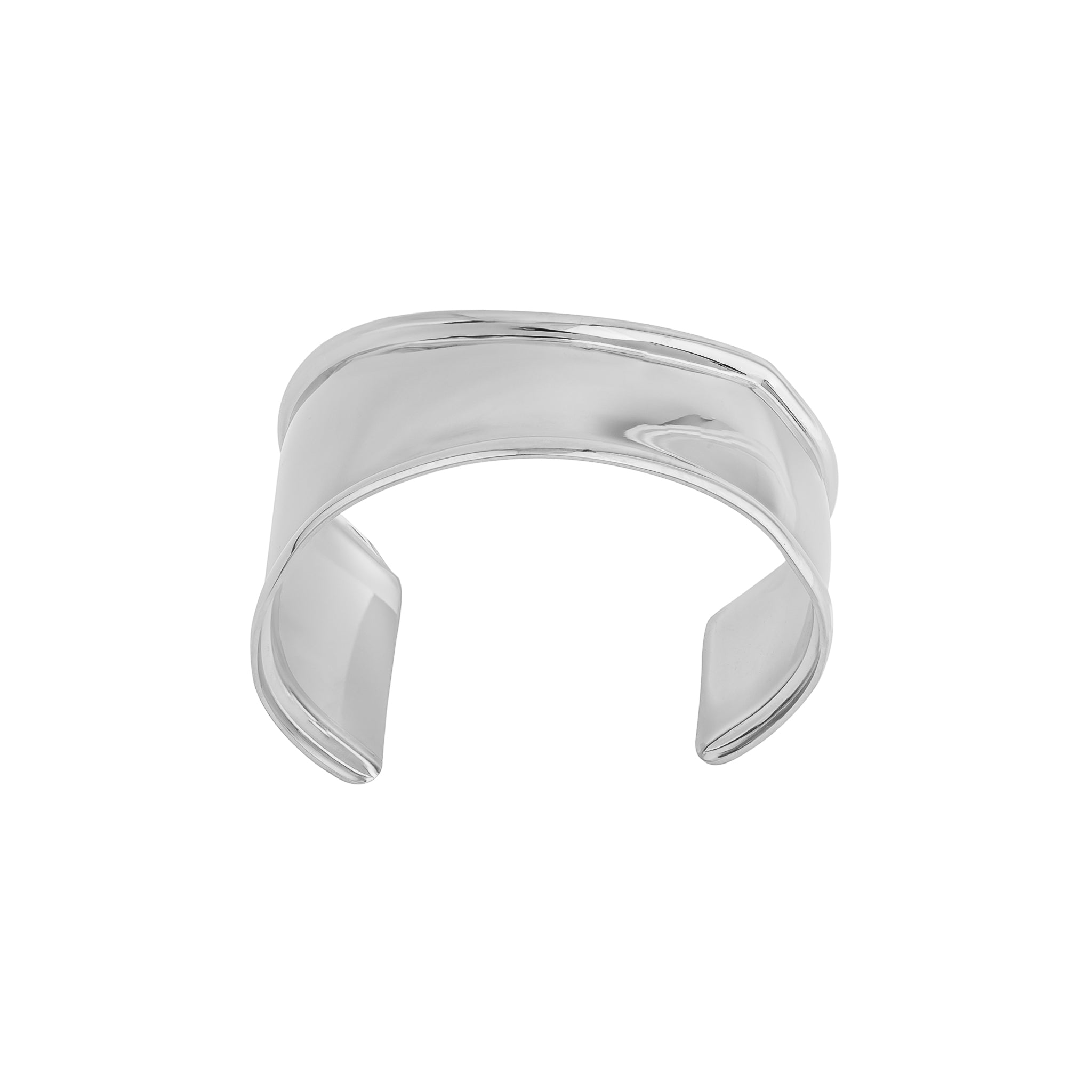 A sleek, silver plated polished cuff bracelet with a minimalistic, wide band design, showcasing smooth edges and a mirror-like finish.