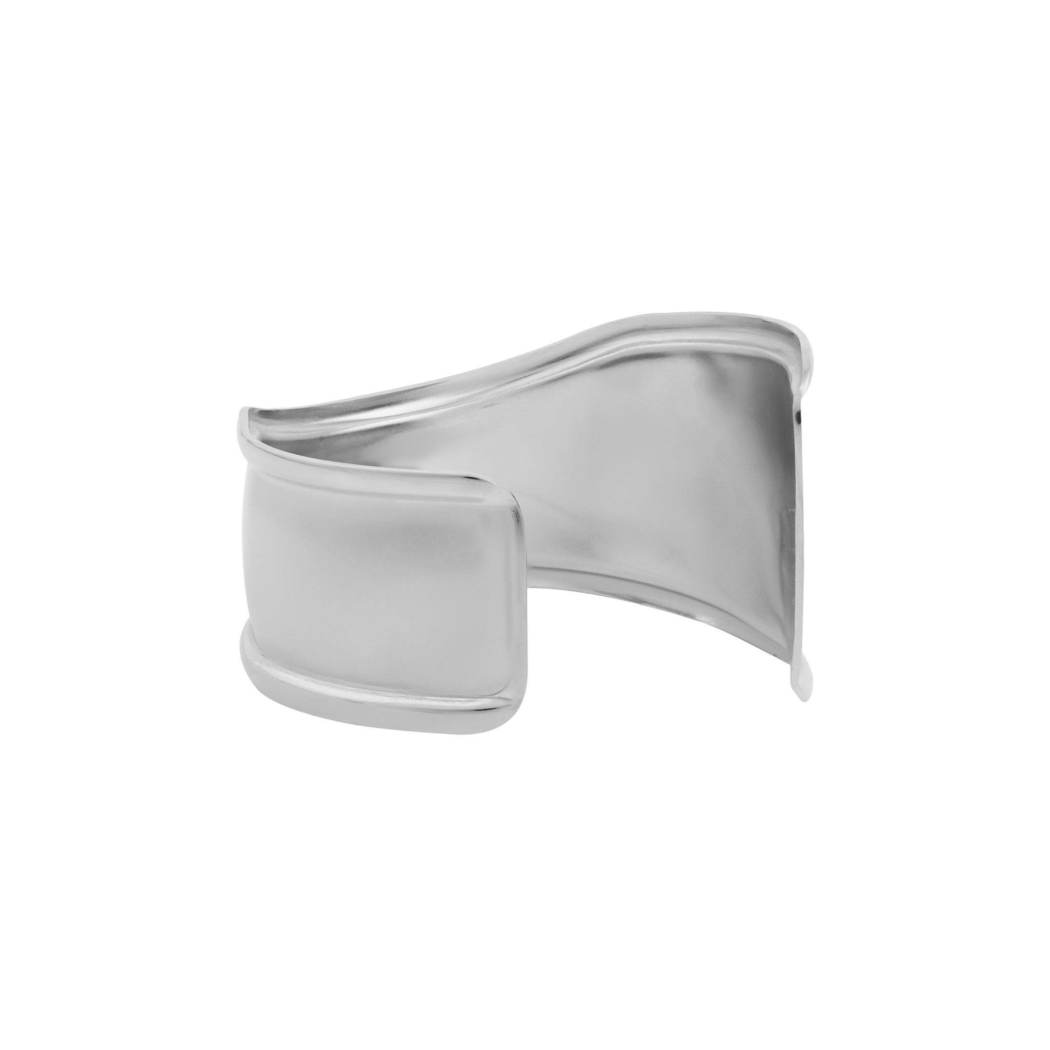 A sleek, silver plated polished cuff bracelet with a minimalistic, wide band design, showcasing smooth edges and a mirror-like finish.