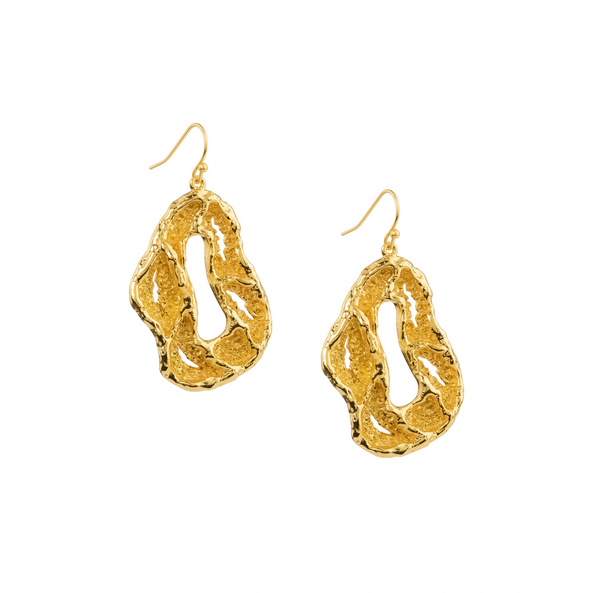 Lumen Earrings, 22K gold plated textured abstract hoop drop design.