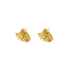 18K gold-plated shell-shaped earrings featuring a sculptural, pleated design, showcasing their intricate texture and organic form.