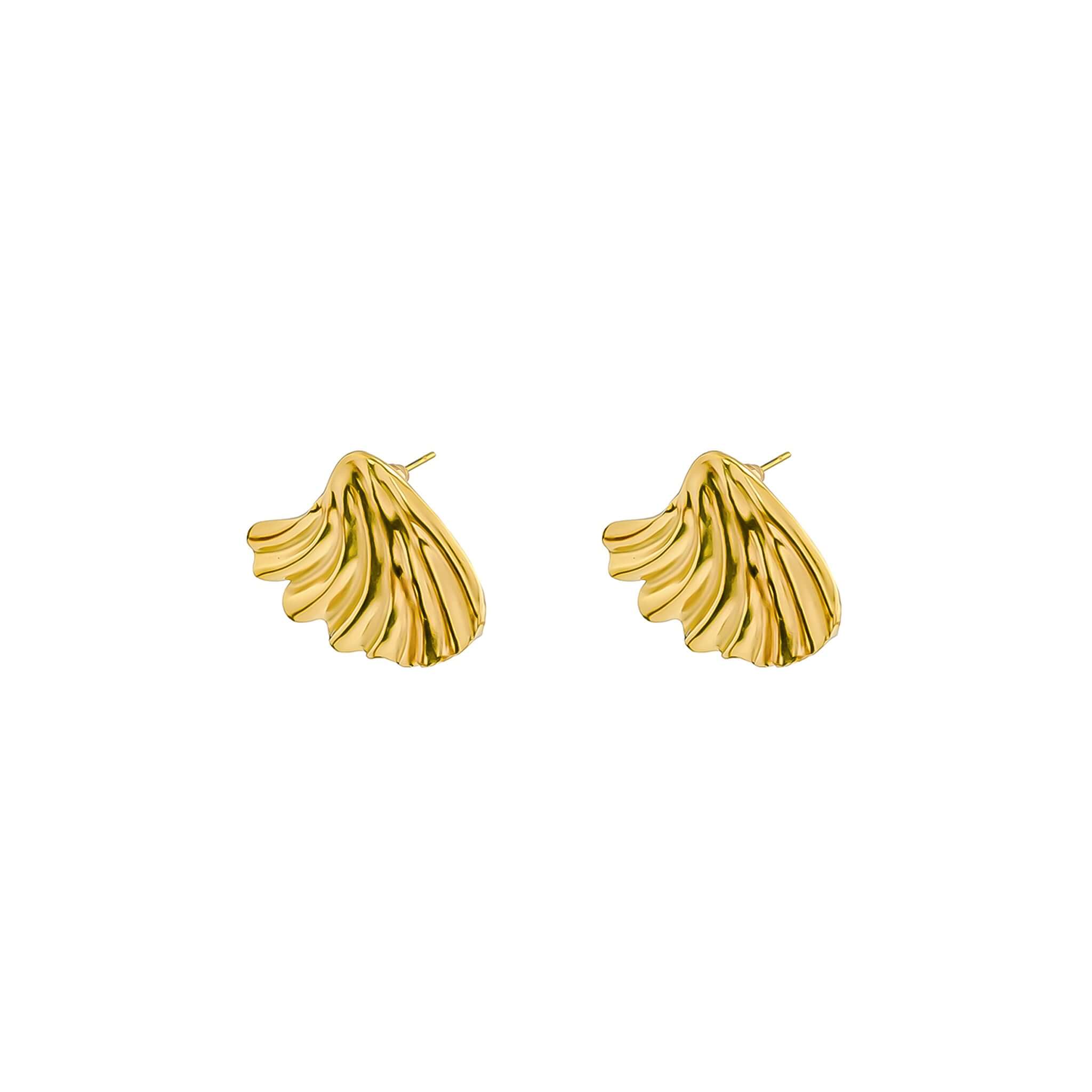 18K gold-plated shell-shaped earrings featuring a sculptural, pleated design, showcasing their intricate texture and organic form.