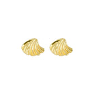 18K gold-plated shell-shaped earrings featuring a sculptural, pleated design, showcasing their intricate texture and organic form.
