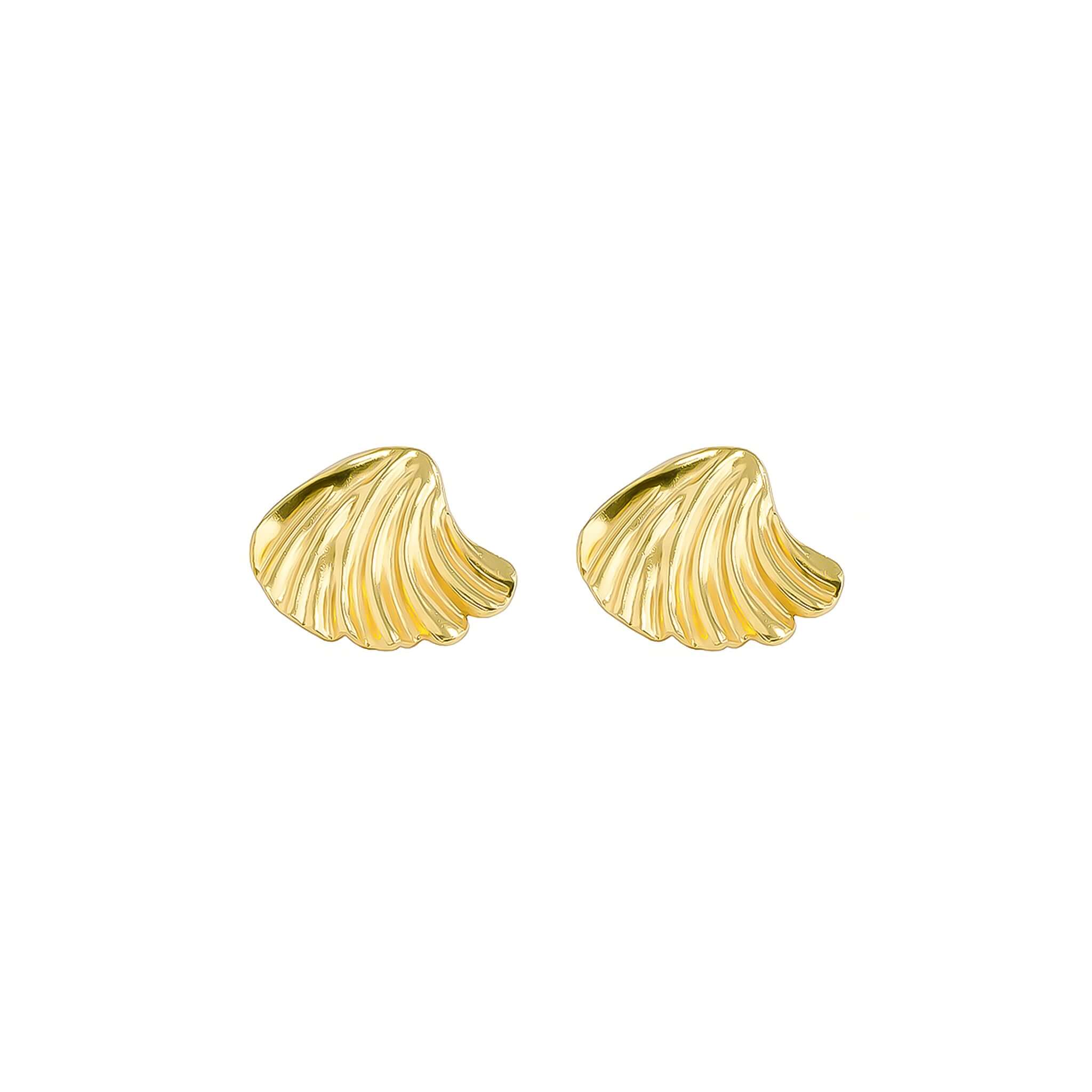 18K gold-plated shell-shaped earrings featuring a sculptural, pleated design, showcasing their intricate texture and organic form.